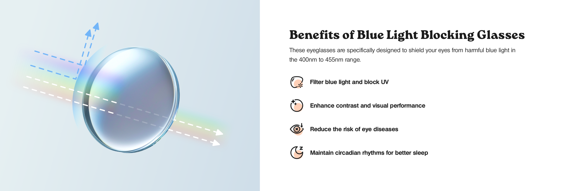 Blue light blocking glasses are expertly crafted to protect your eyes from harmful blue light, specifically in the 400nm to 455nm range. They filter out blue light and block UV rays, enhancing contrast and overall visual performance. These glasses also play a crucial role in reducing the risk of eye diseases and are designed to help maintain circadian rhythms, promoting better sleep quality.