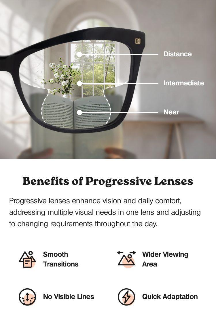 Progressive lenses offer multiple benefits, improving vision and daily comfort by addressing various visual needs with a single lens. These lenses provide a smooth transition between different viewing distances, offer a wider area of view, and have no visible lines between different lens areas. Designed for quick adaptation, they enhance the natural viewing experience, adjusting seamlessly to changing visual requirements throughout the day.