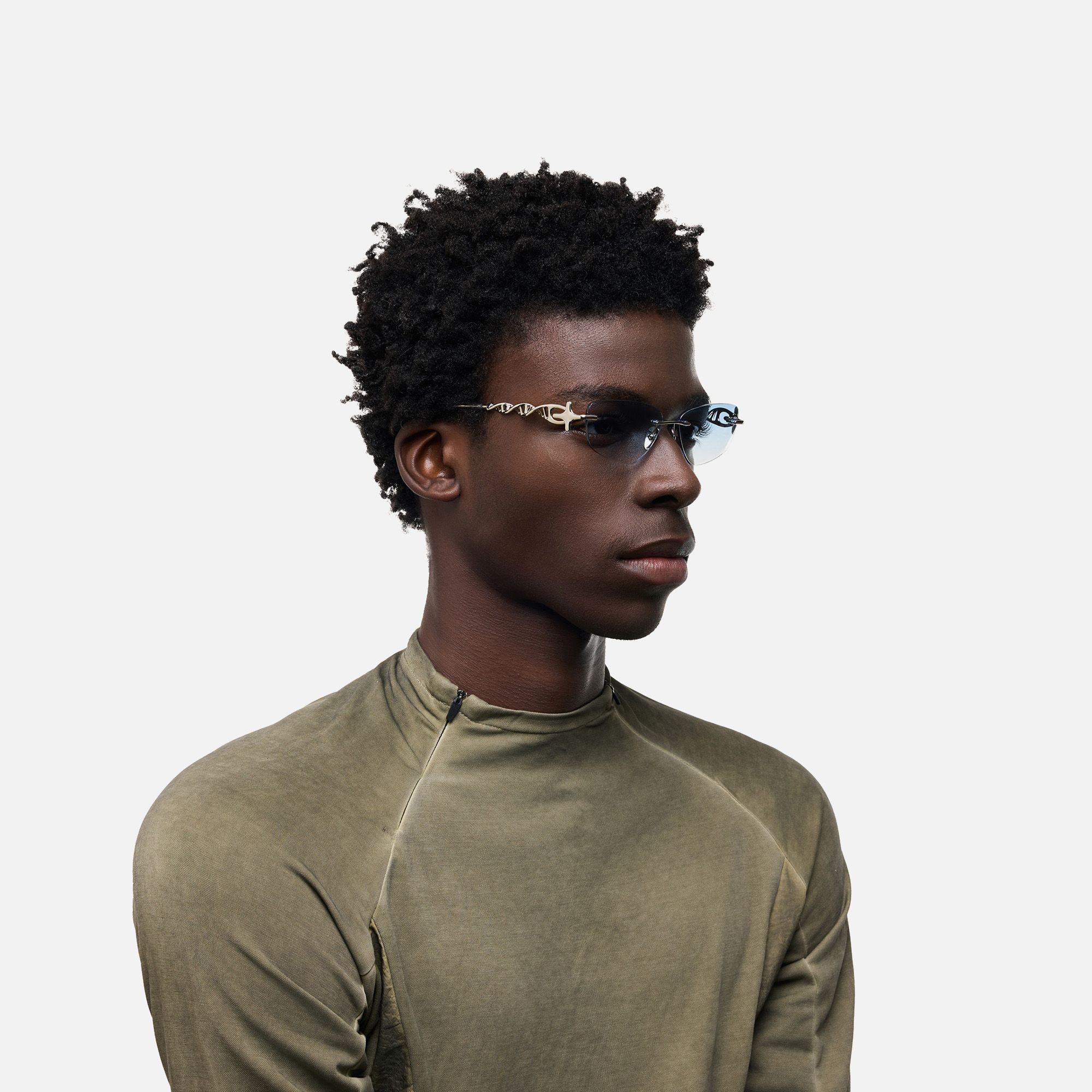 The Decoder - Gradient Blue Tinted DNA Glasses by Vooglam - Model Side Profile