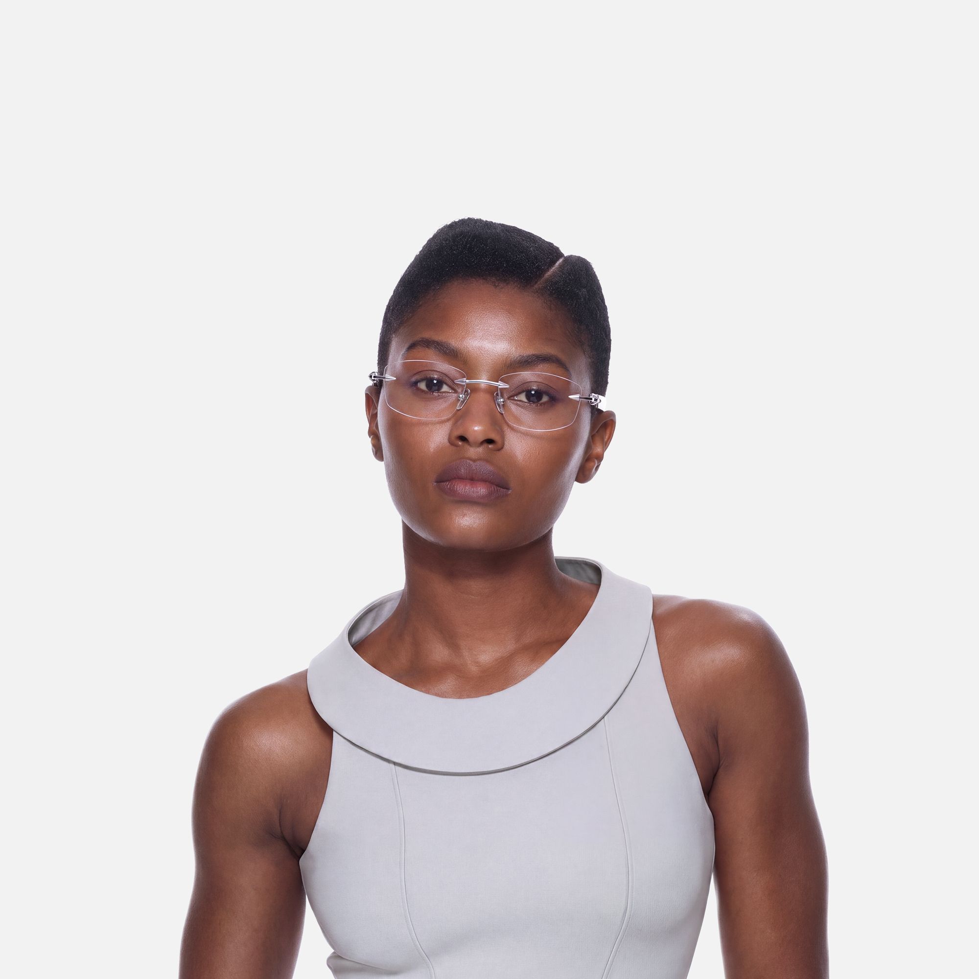 Fracture - Silver Grey Rimless Spike Glasses by Vooglam - On Model