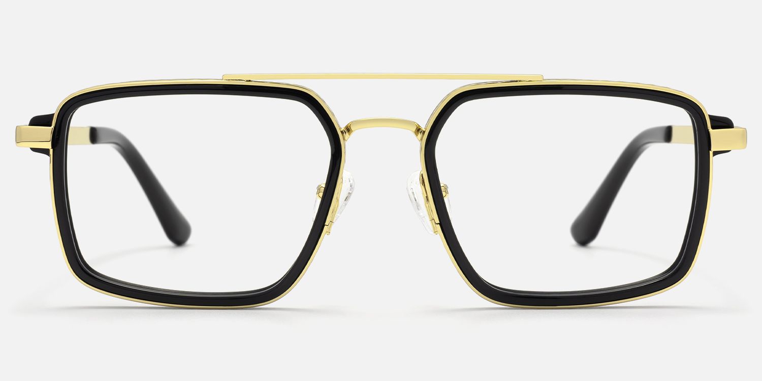 Navigator - Black & Gold Rectangle Aviator Glasses by Vooglam - Angle View
