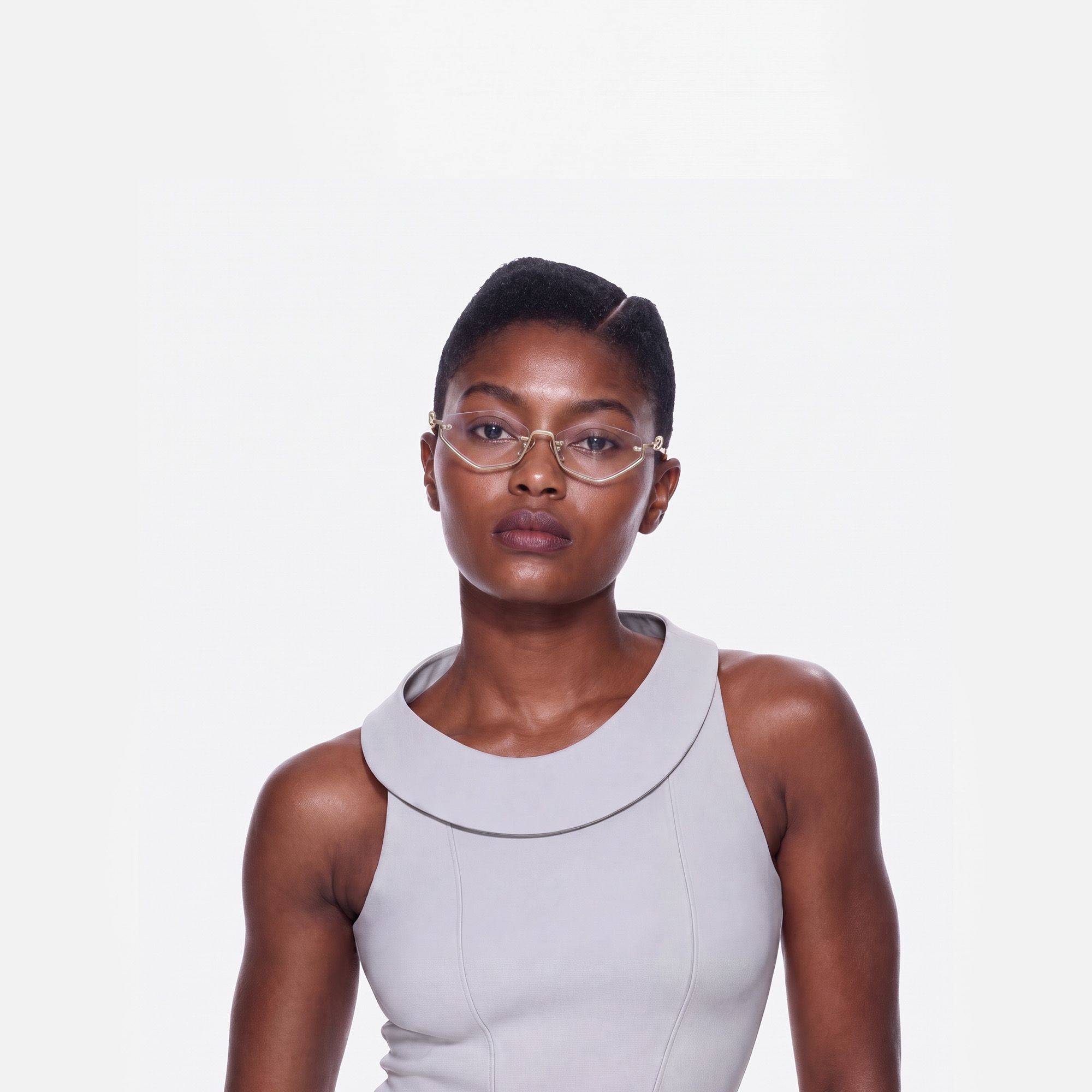 Niseko - Matte Brushed Gold Geometric Glasses by Vooglam - On Model
