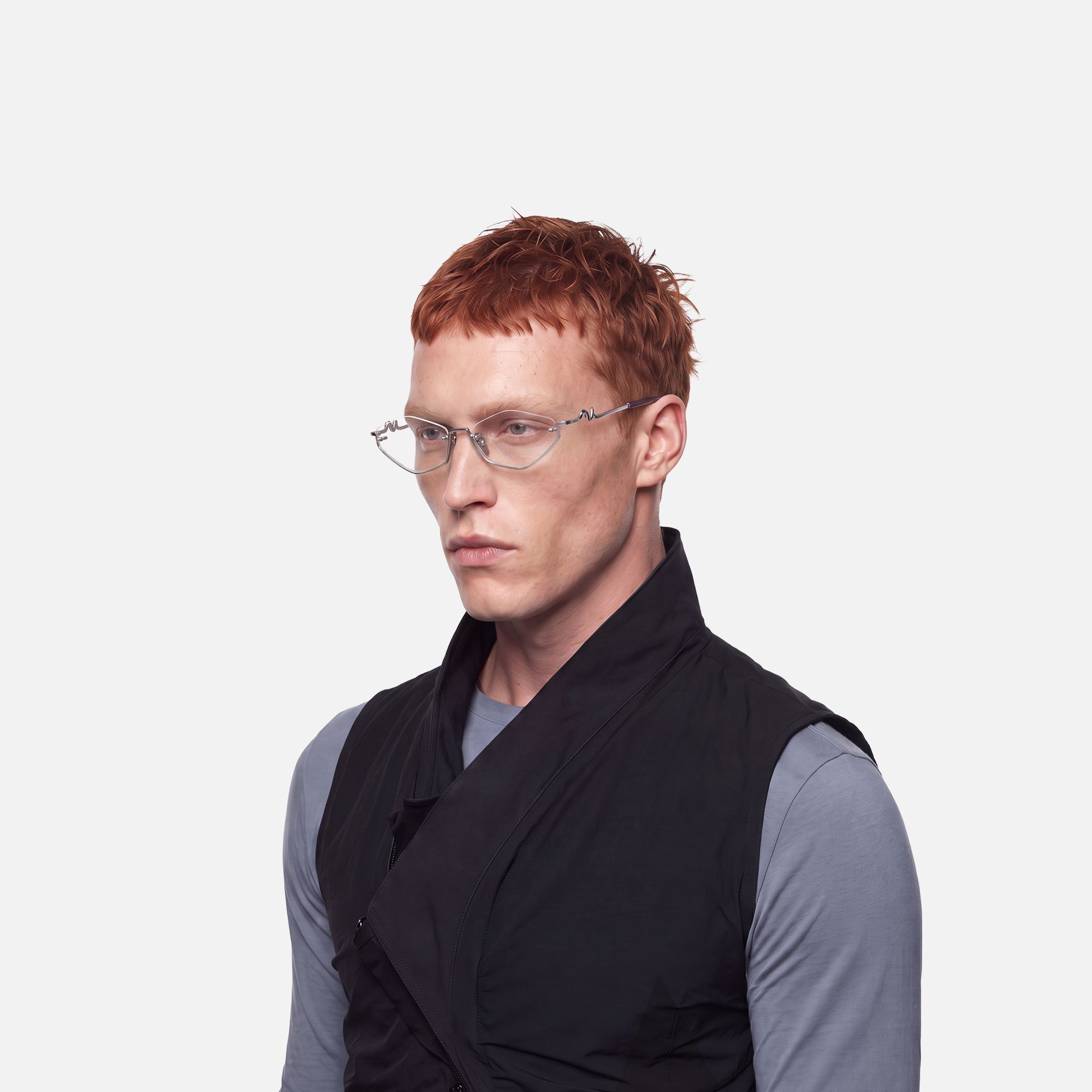 Niseko - Silver Diamond Shape Bottom Rim Glasses by Vooglam - Model Side Profile