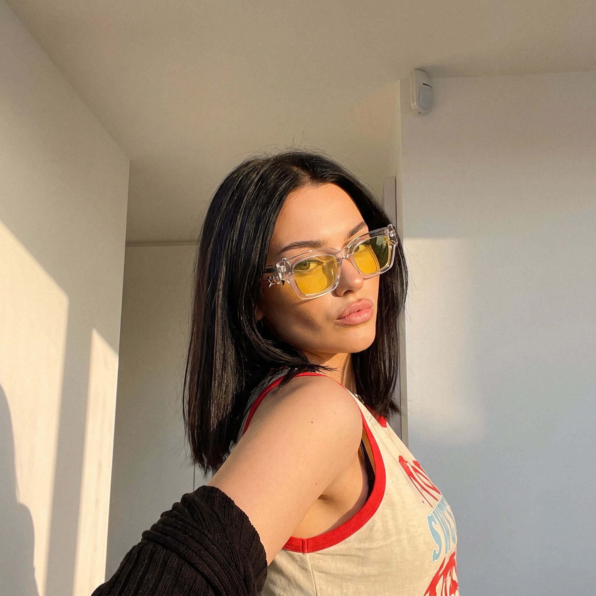 Vooglam Street Style in Real Life: Sabrina - Gold Piercing Clear Purple Sunglasses by Vooglam