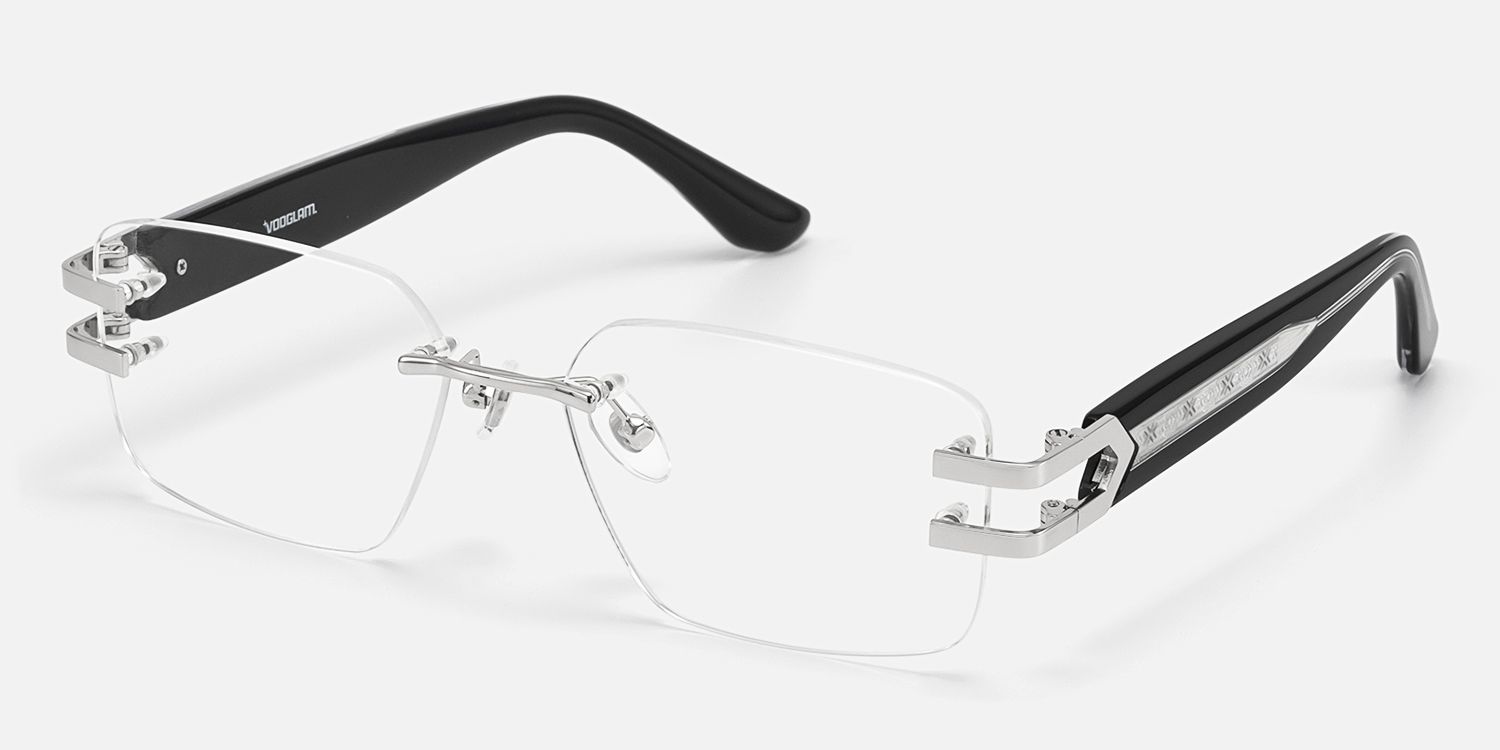 Aurum - Black Silver Rimless Rectangle Glasses by Vooglam - Front View