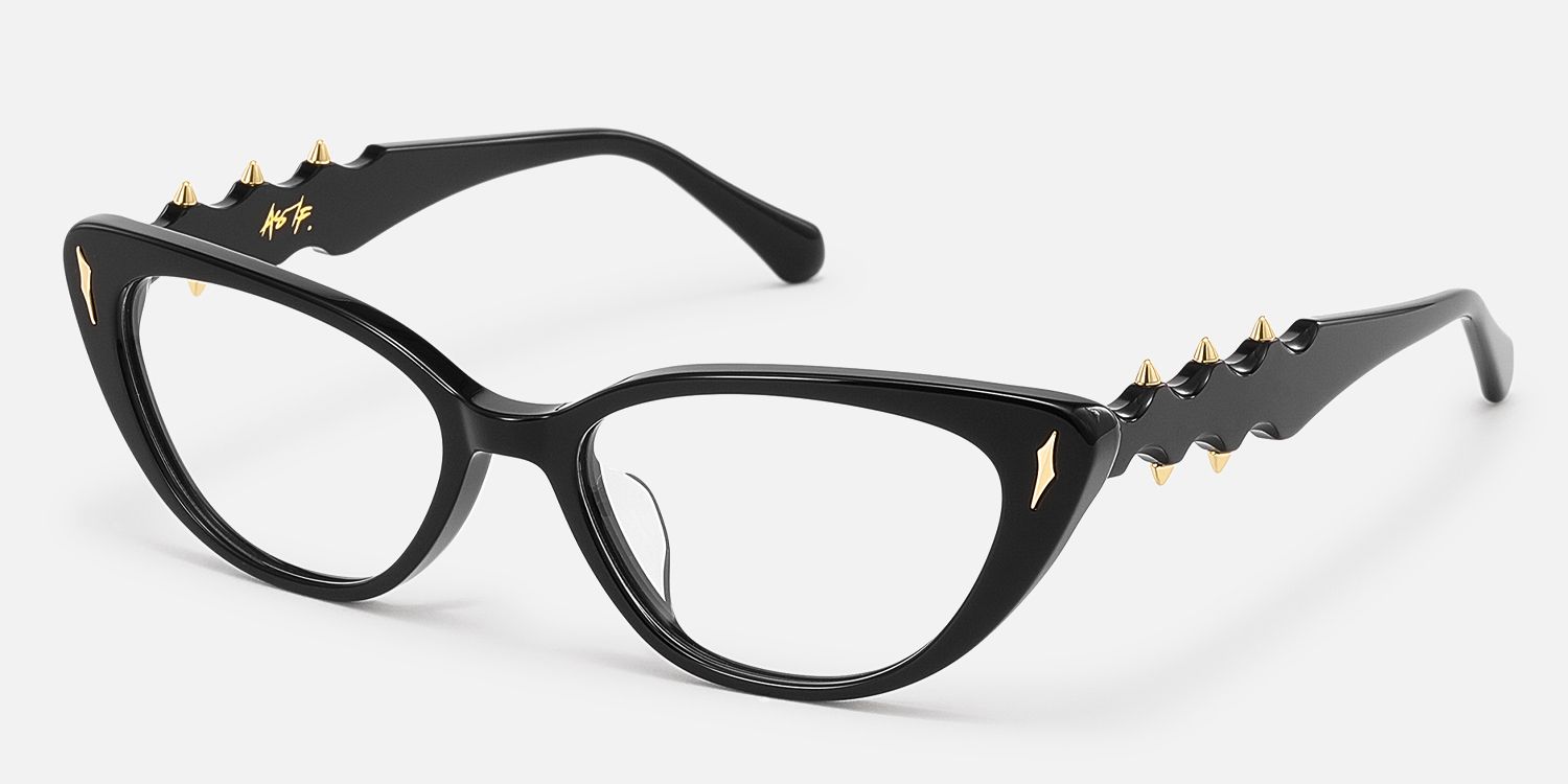 As If - Black Punk Spike Narrow Cateye Glasses by Vooglam - Front View