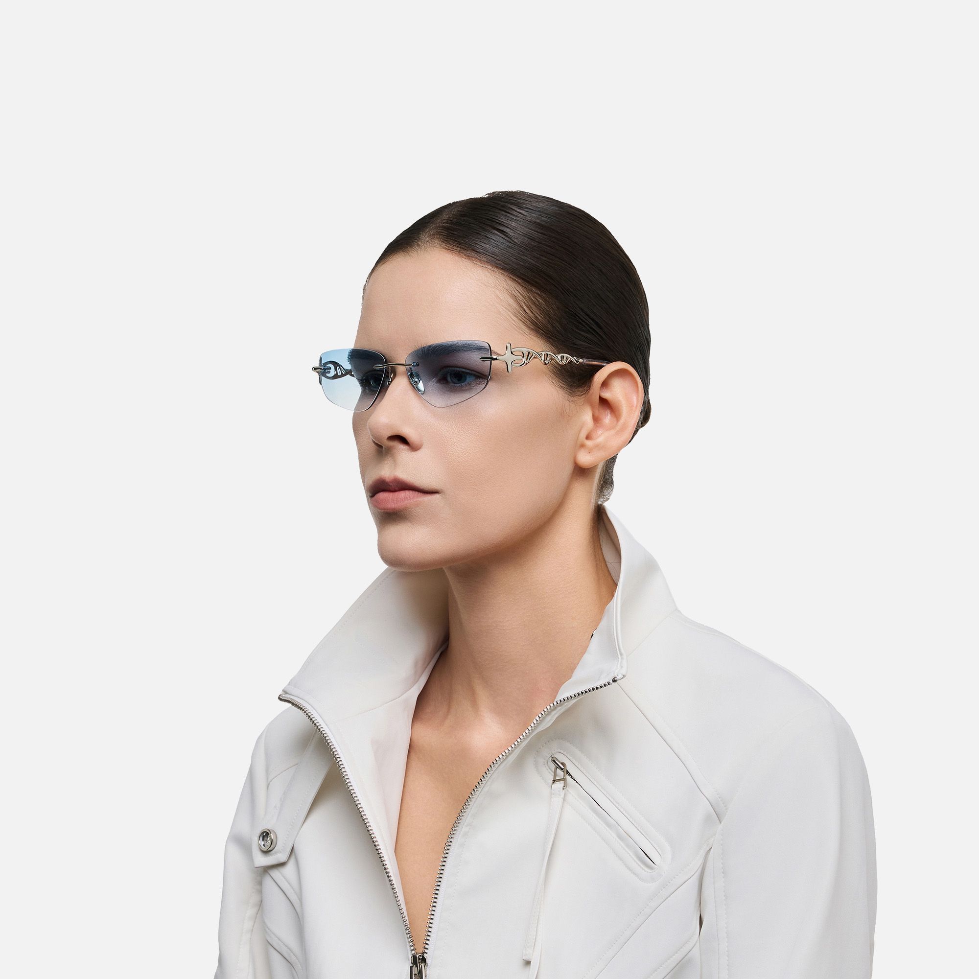 The Decoder - Gradient Blue Tinted DNA Glasses by Vooglam - Side View On Model