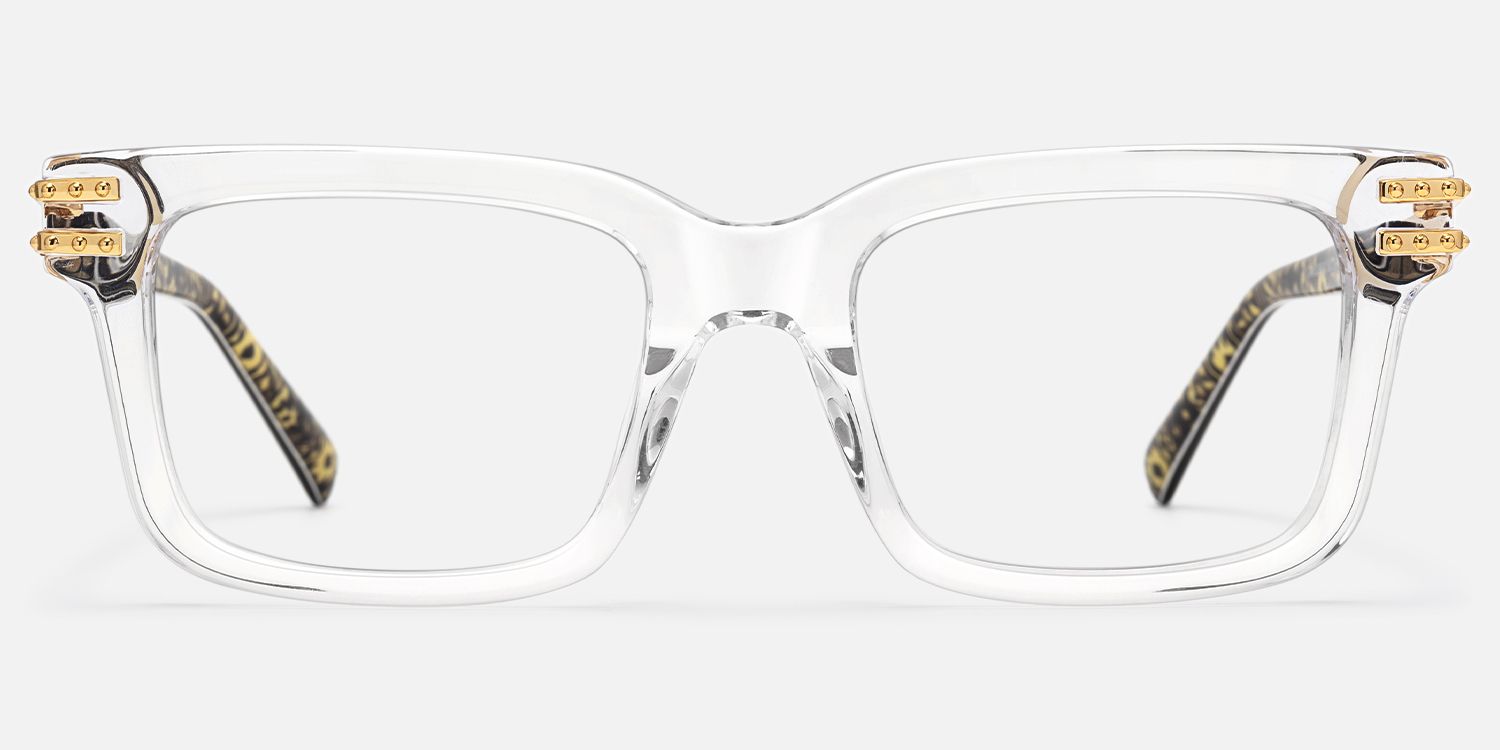 Anansi - Clear Square Glasses with Gold Details by Vooglam - Angle View
