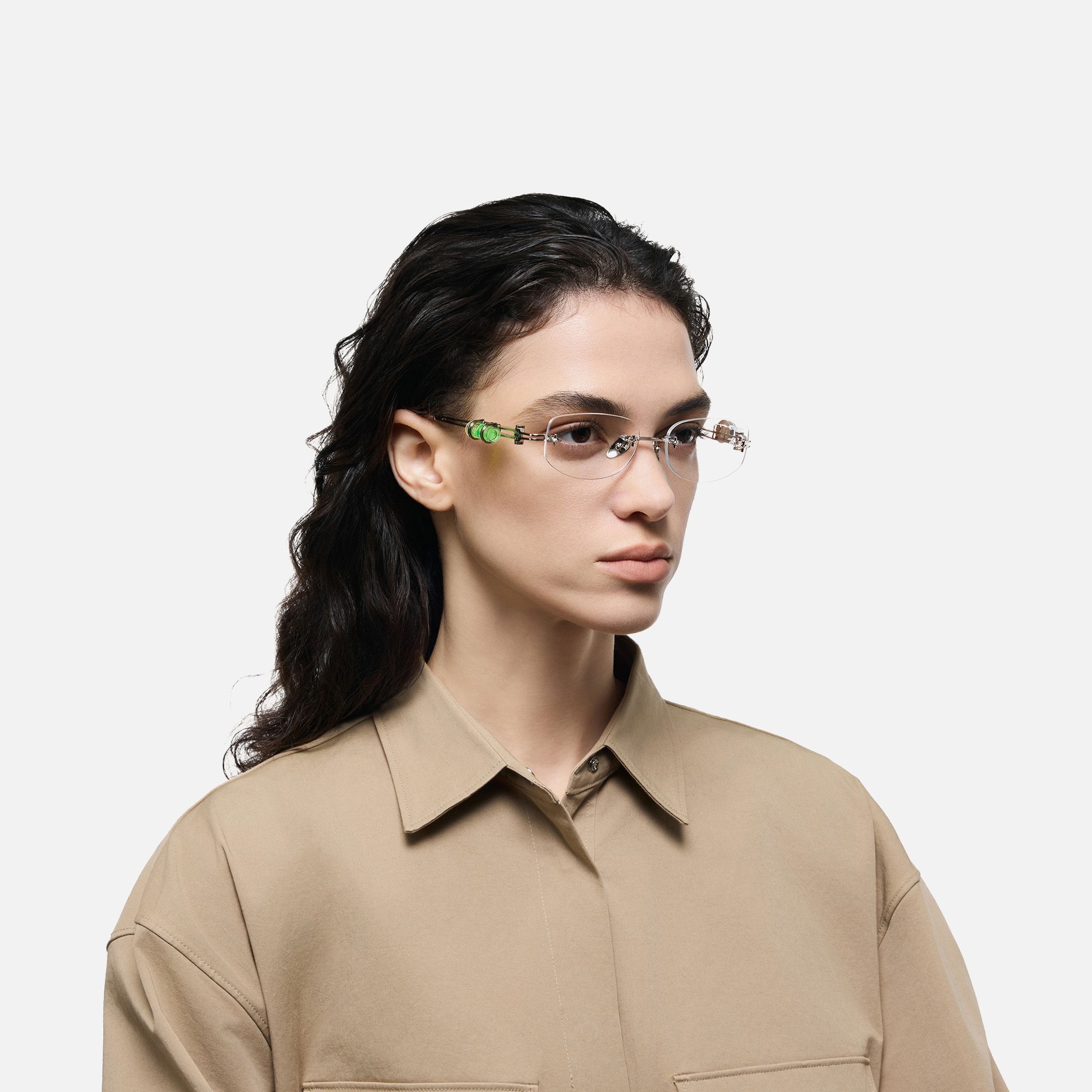 The Utilitarian - Silver Rimless Compass Glasses by Vooglam - Side View On Model