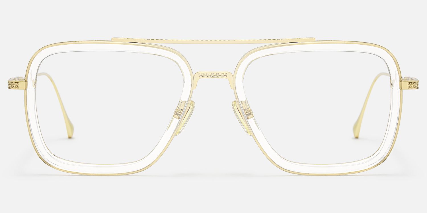 Alvira - Oversized Clear Gold Aviator Glasses by Vooglam - Angle View