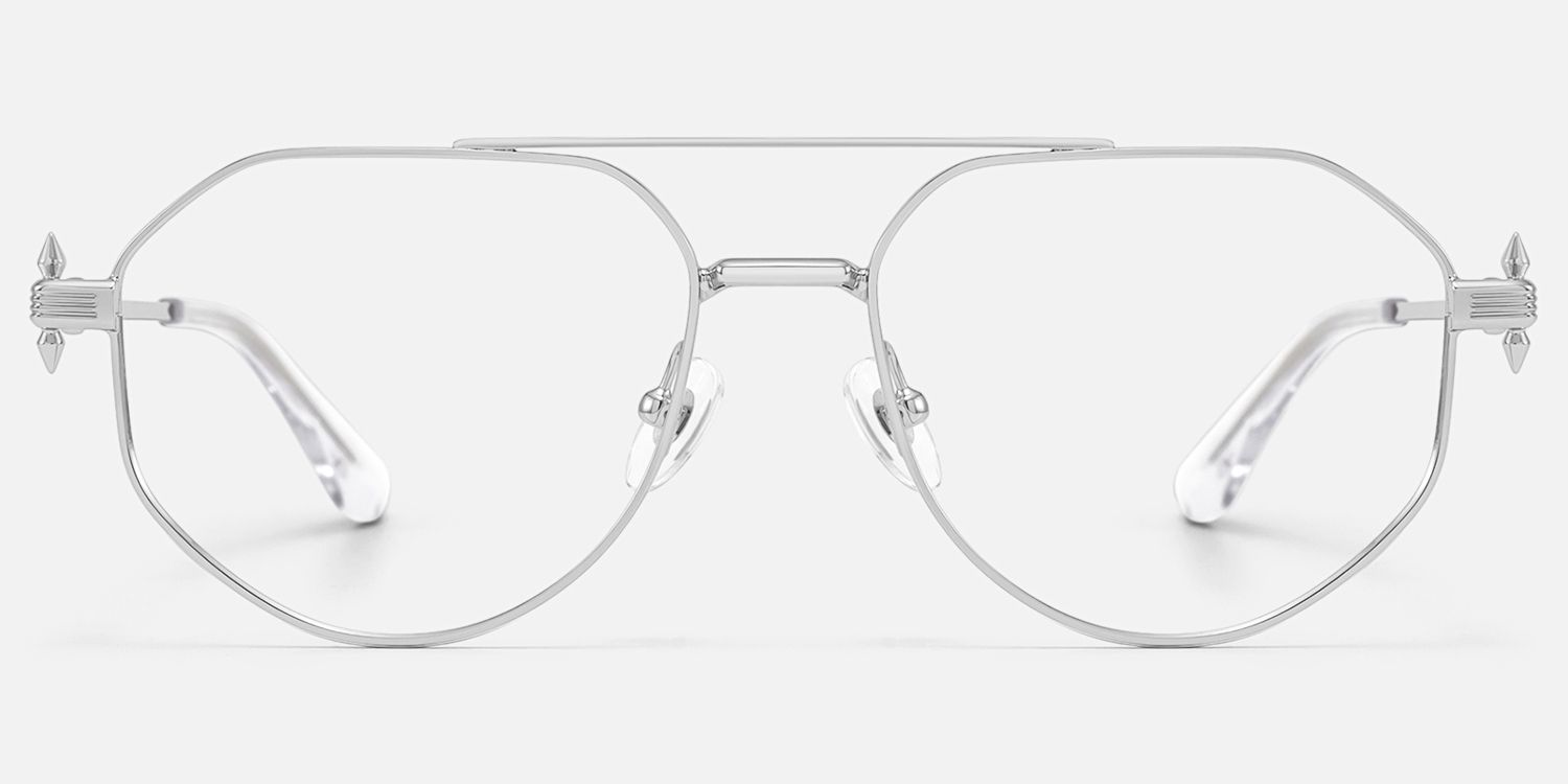 Aegis - Silver Thin Metal Aviator Glasses by Vooglam - Angle View