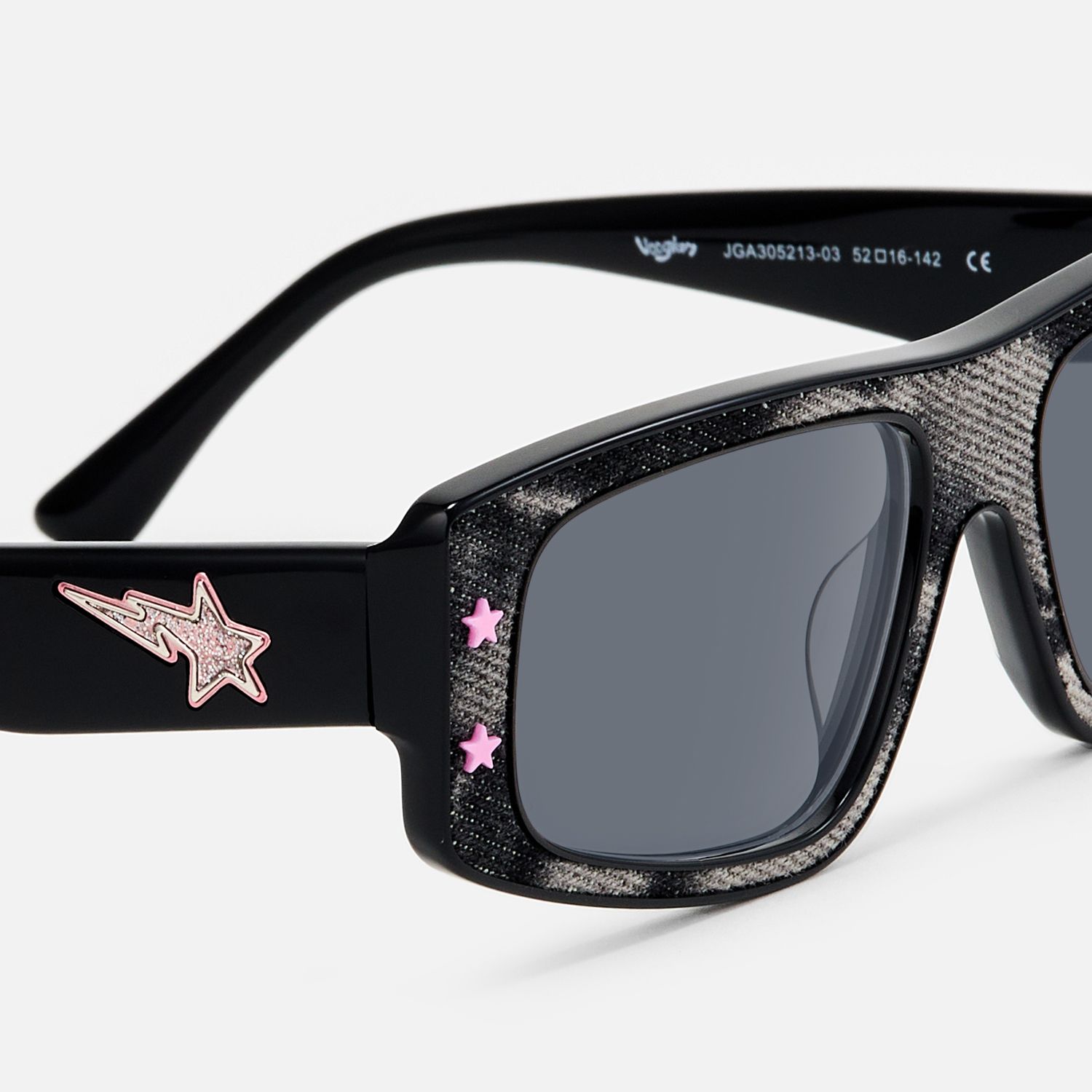 Maeva - Y2K Denim Rectangle Pink Star Sunglasses by Vooglam - Design Details