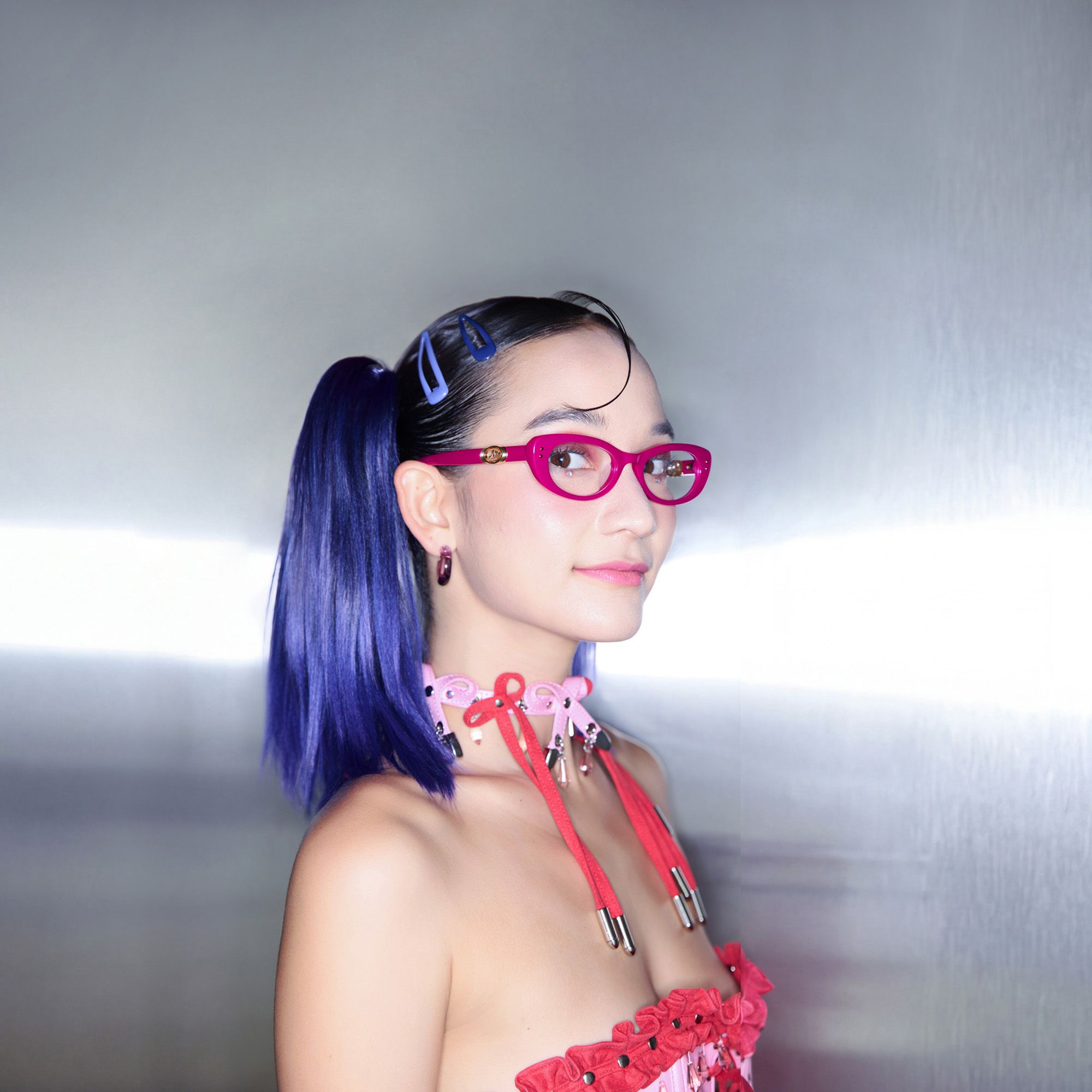 Ginza - Magenta Acetate Y2K Narrow Cat Eye Glasses by Vooglam - Lifestyle Look