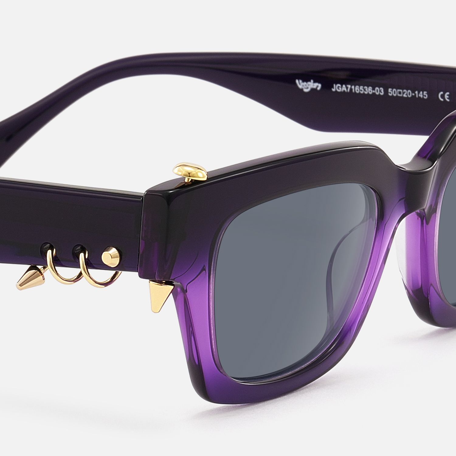 Sabrina - Gold Piercing Clear Purple Sunglasses by Vooglam - Design Details