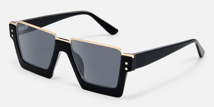 Dardhan - Black Gold Square Rectangle Sunglasses by Vooglam
