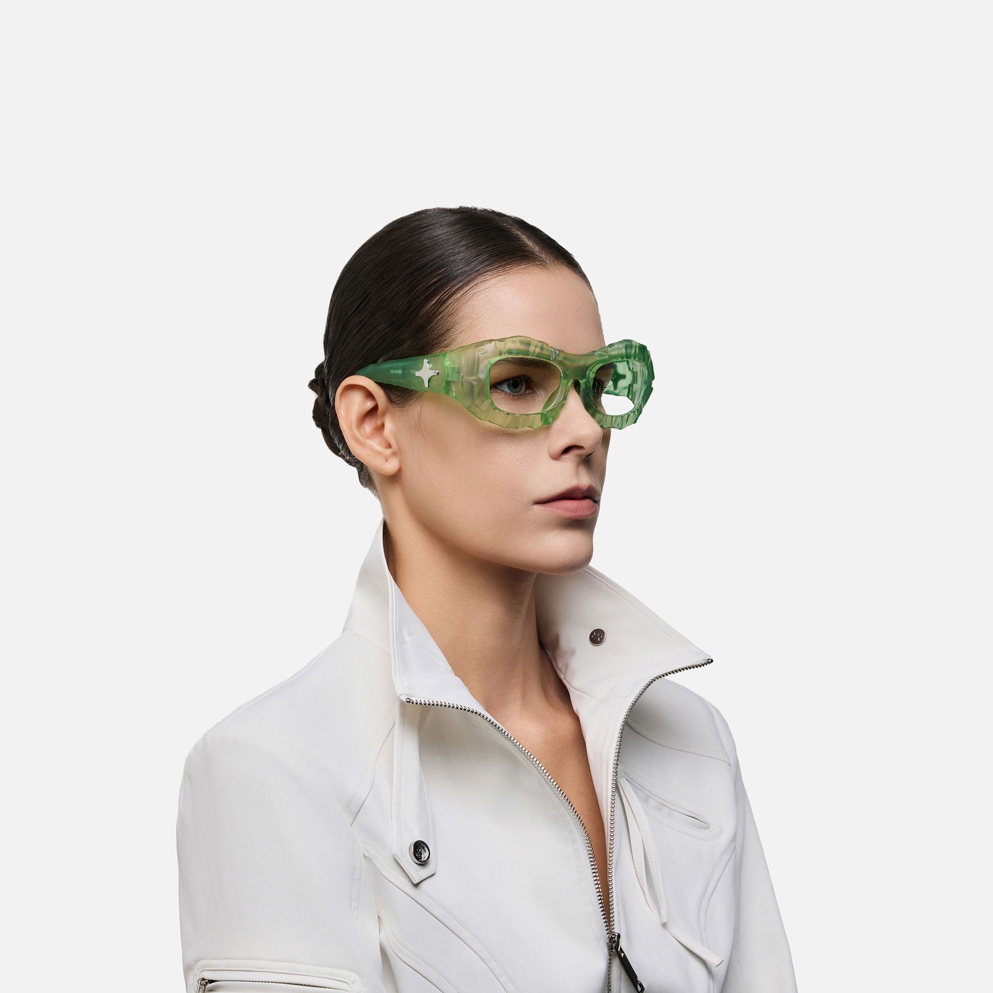 The Geologist - Clear Water Green Stone Glasses by Vooglam - Side View On Model