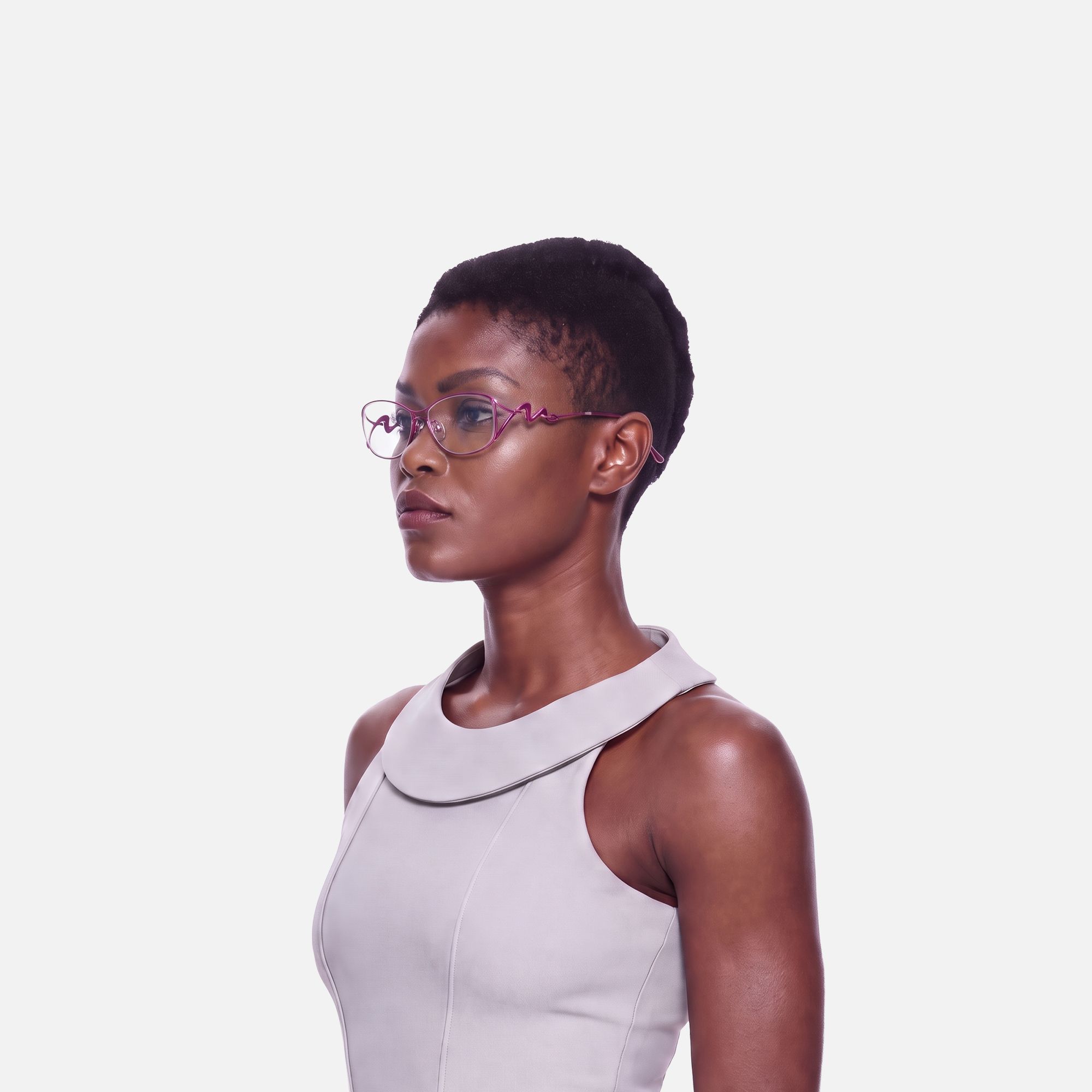 Okinawa - Pink Metal Hollow Design Oval Glasses by Vooglam - Side View On Model