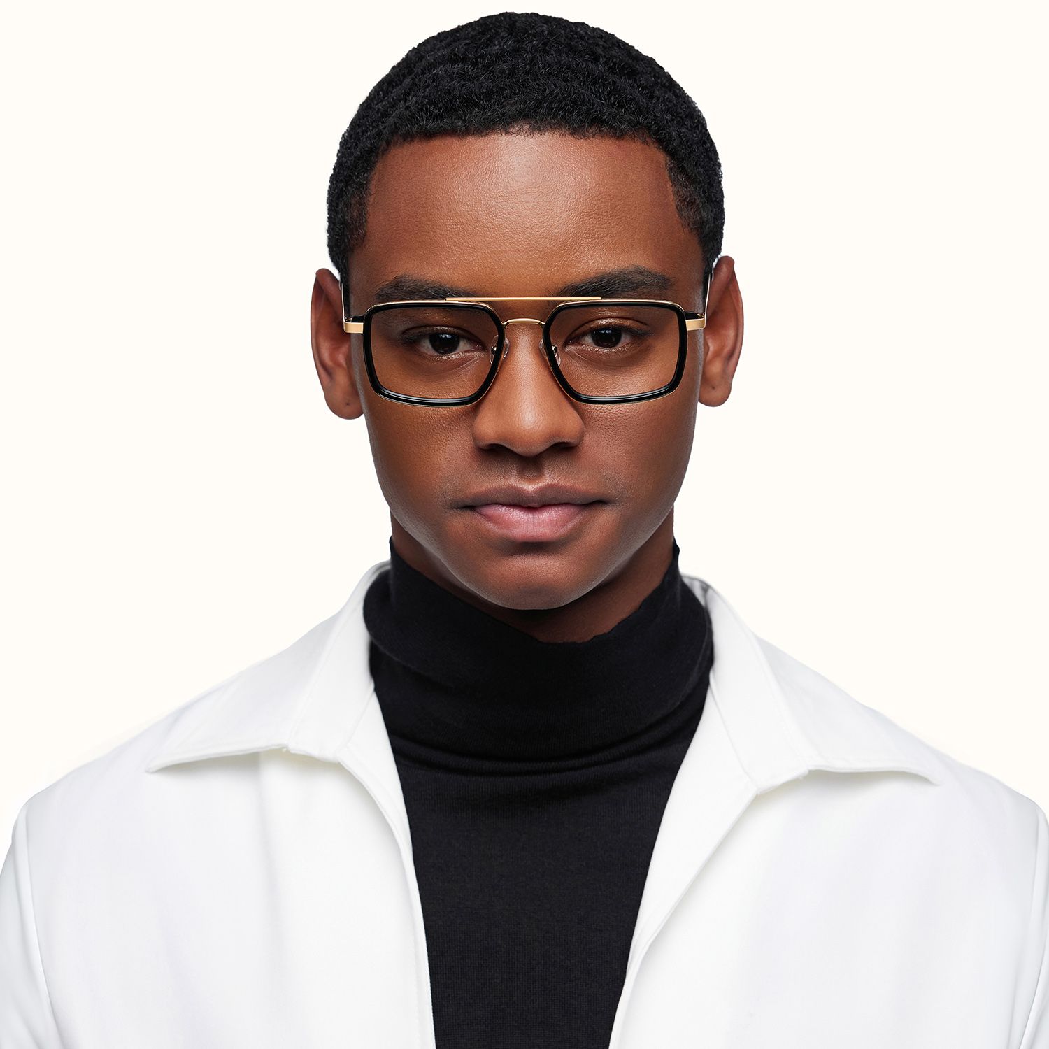 Navigator - Black & Gold Rectangle Aviator Glasses by Vooglam - On Model