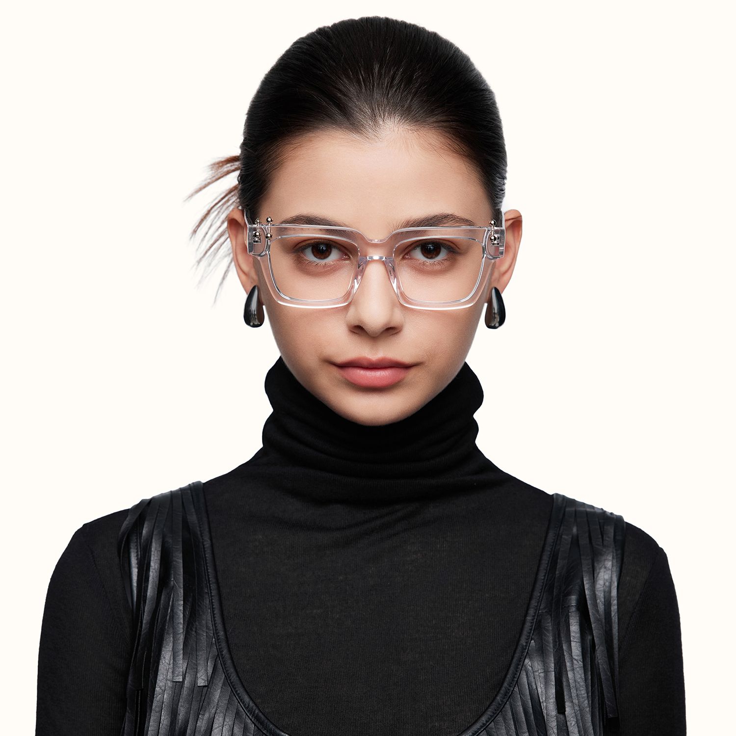 PIERCE - Clear Silver Square Acetate Glasses by Vooglam - On Model