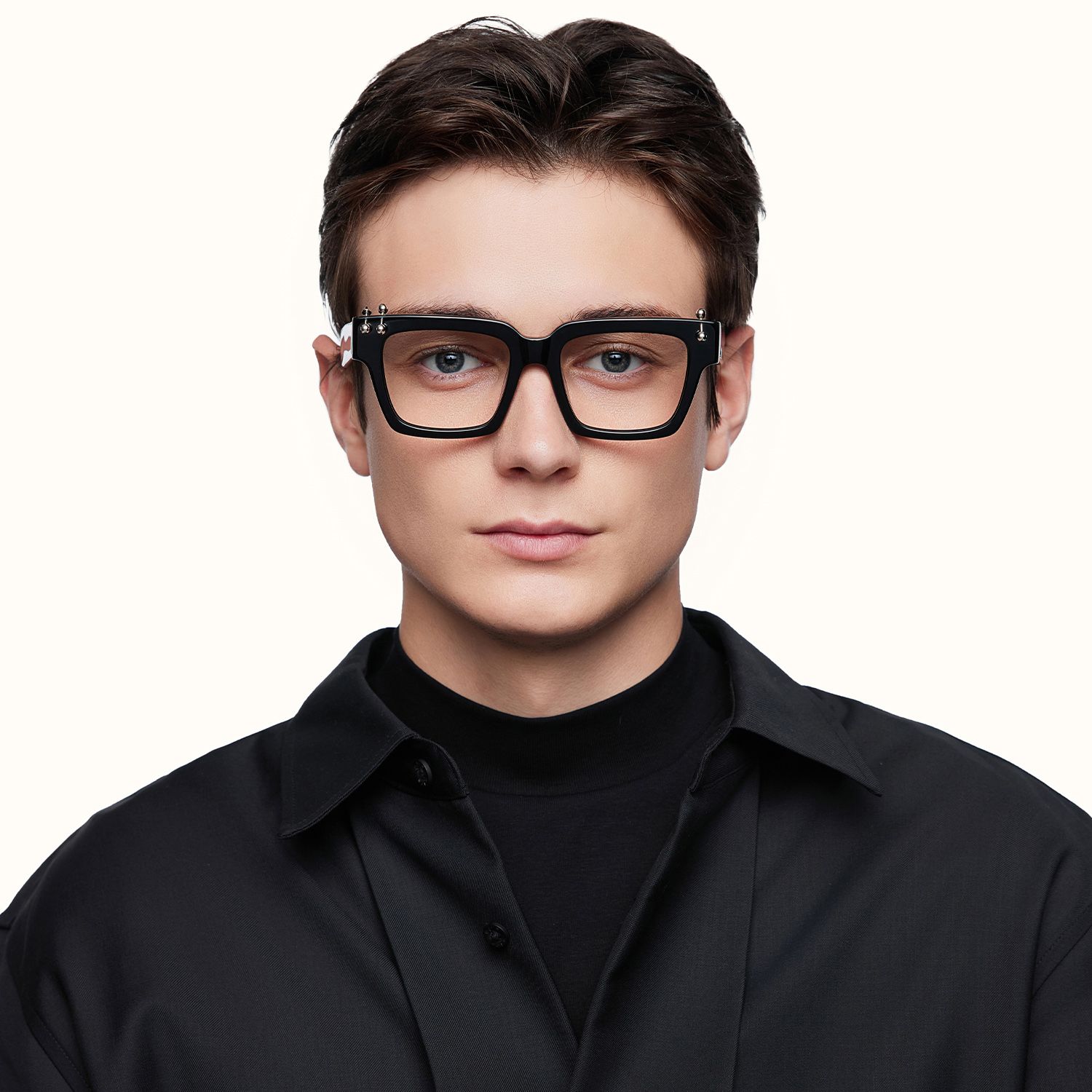 PIERCE - Square Black Eyeglasses with Studs by Vooglam - Lifestyle Look