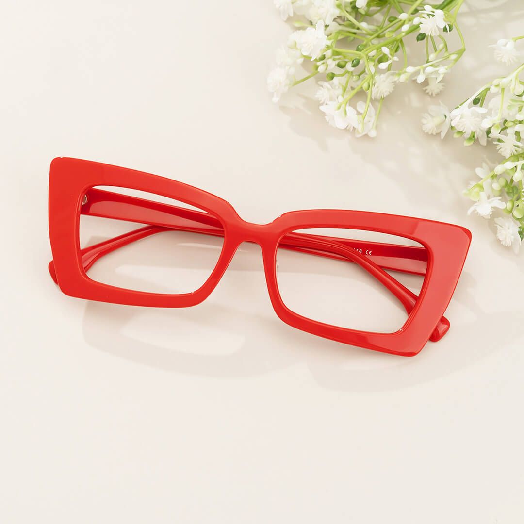 Sarah - Rectangle Red Eyeglasses | Vooglam On Model