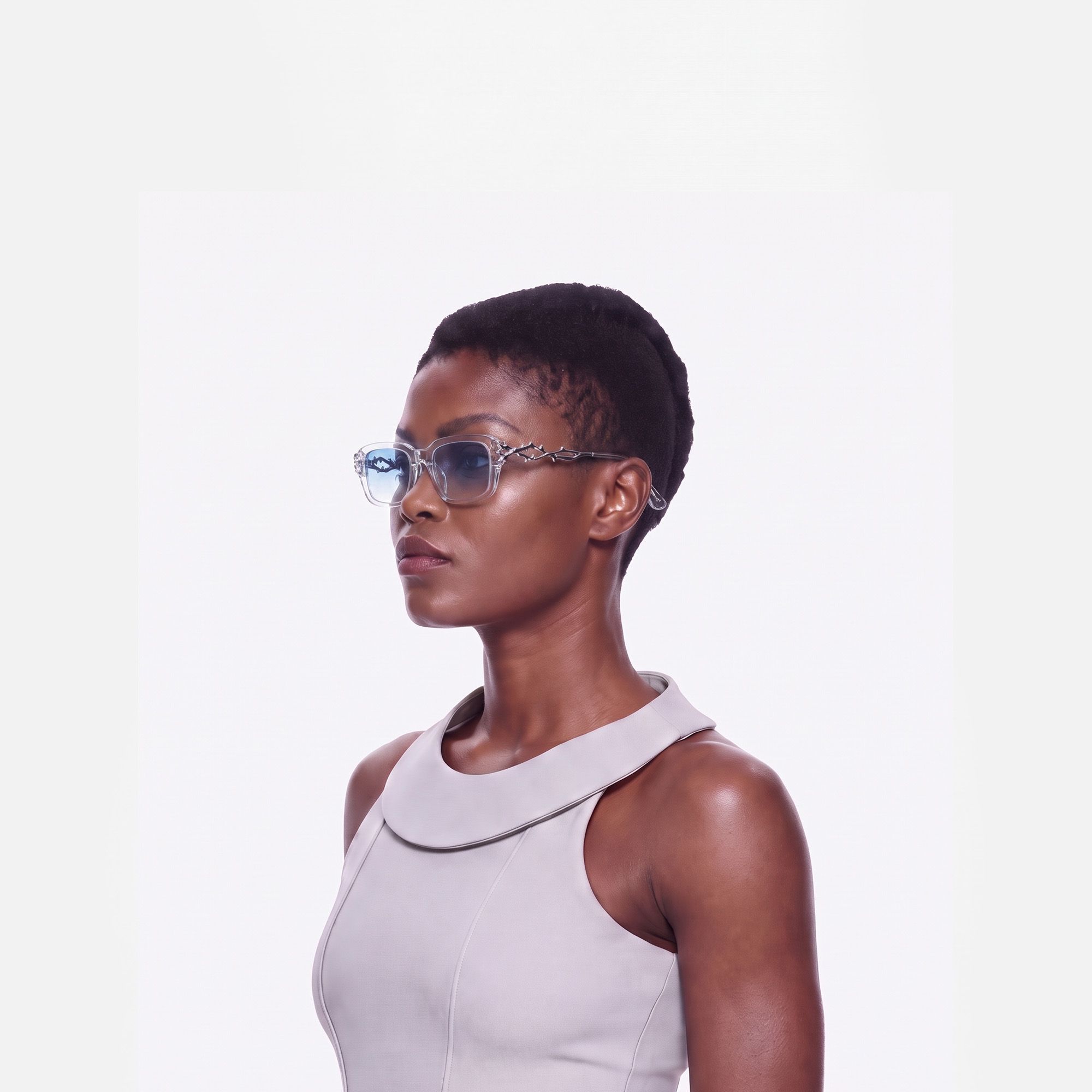 Vorpal - Thorn Deco Clear Blue Sunglasses by Vooglam - Side View On Model