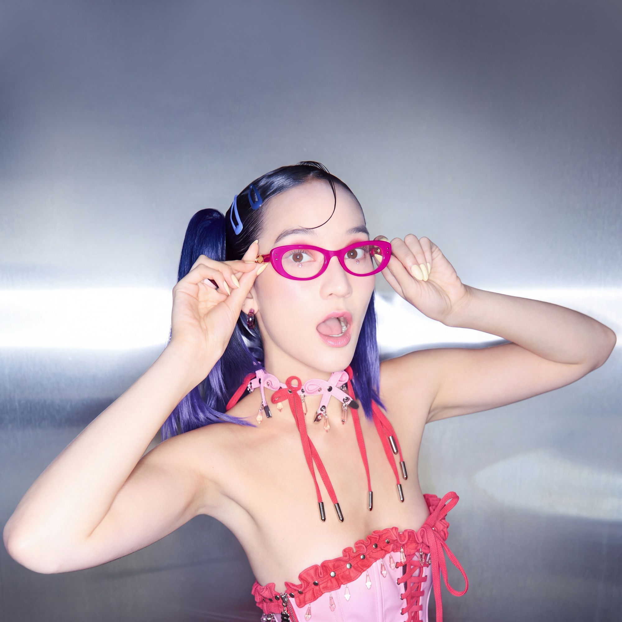 Ginza - Magenta Acetate Y2K Narrow Cat Eye Glasses by Vooglam - On Model