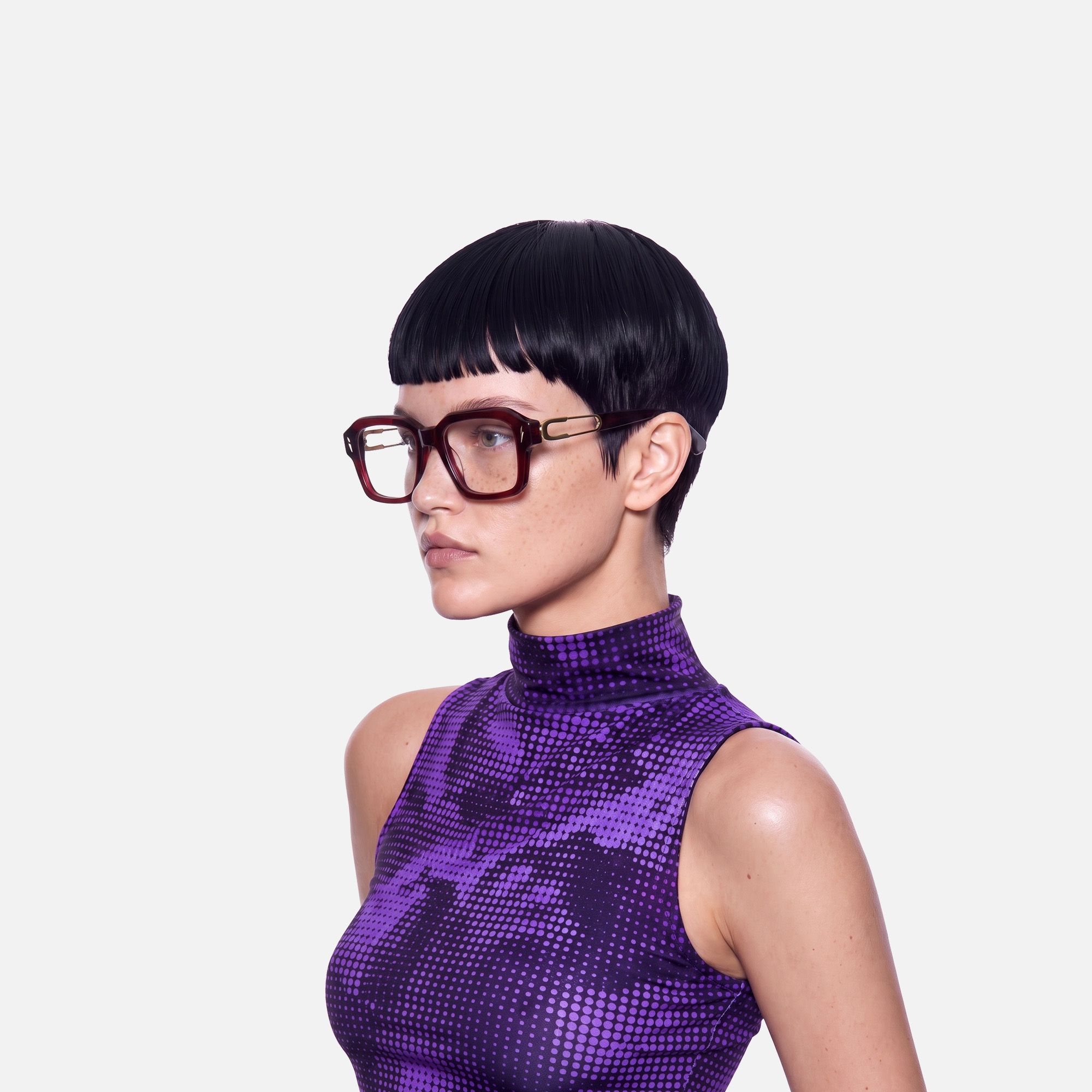 Blindspot - Transparent Red Safety Pin Glasses by Vooglam - Side View On Model