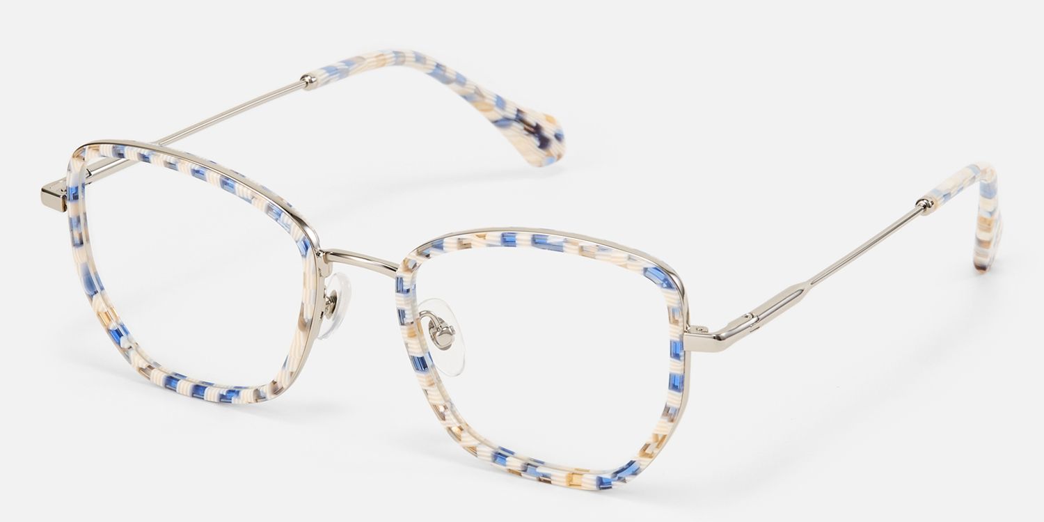 Wanderer-Blue Checkered Geometric Patterned Glasses by Vooglam - Front View