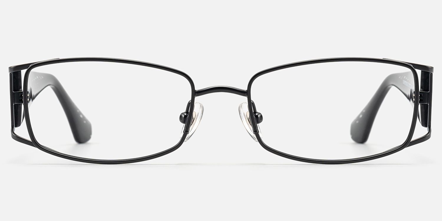 Wren-Cool All Black Narrow Rectangle Metal Glasses by Vooglam - Angle View