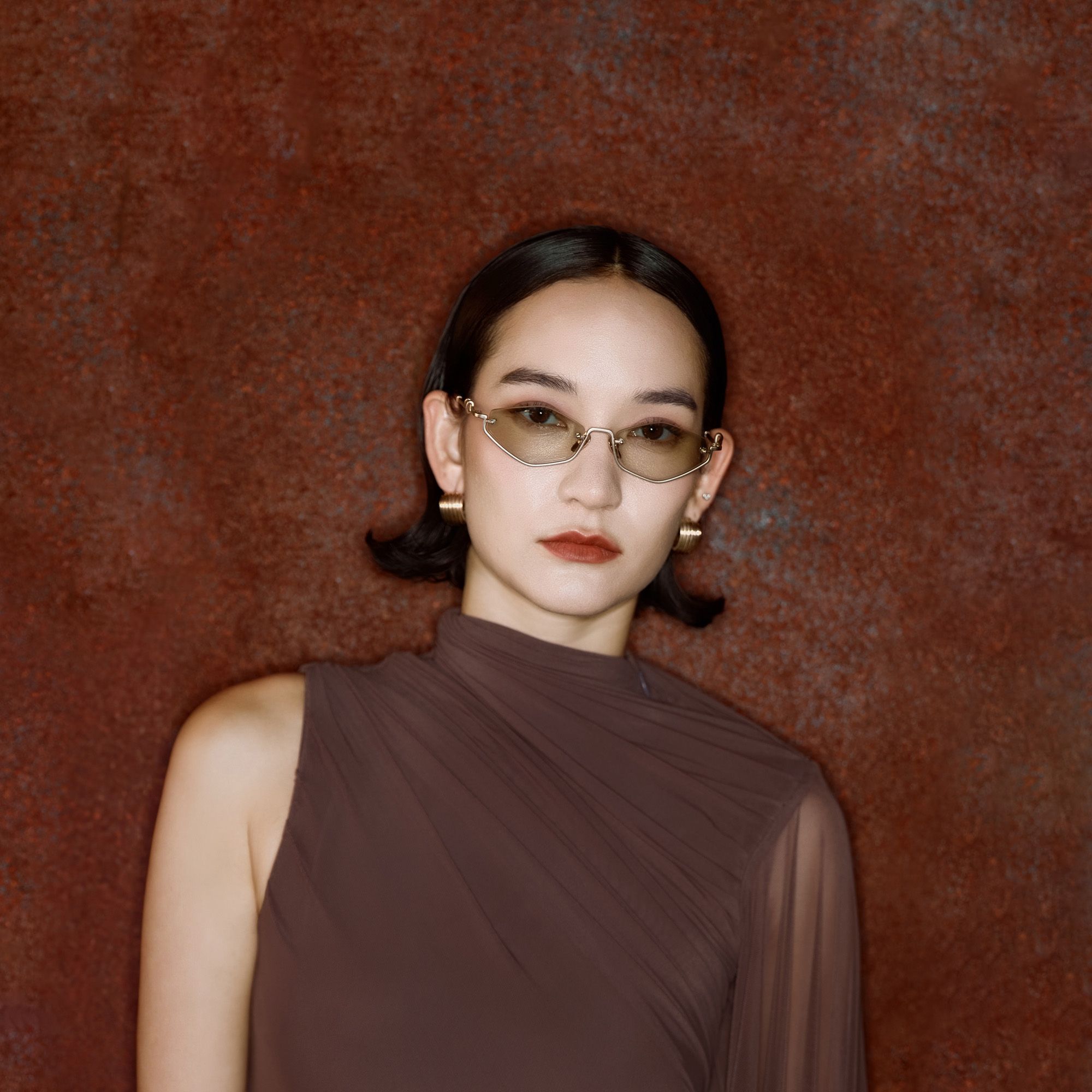 Niseko - Brushed Gold Green Tinted Half Rim Shades by Vooglam - On Model