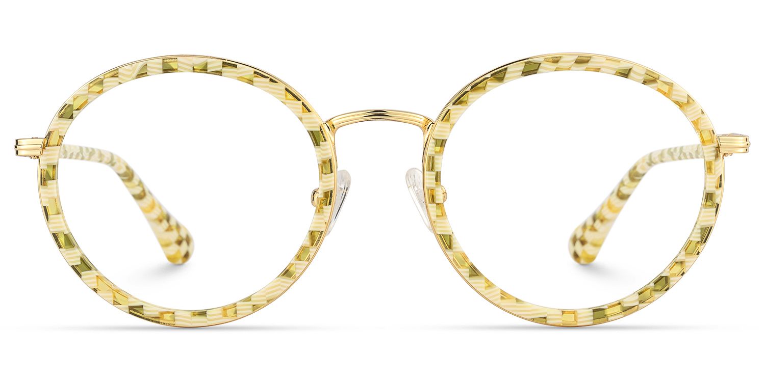 Alma - Yellow Checkered Retro Round Glasses by Vooglam Product Details 1