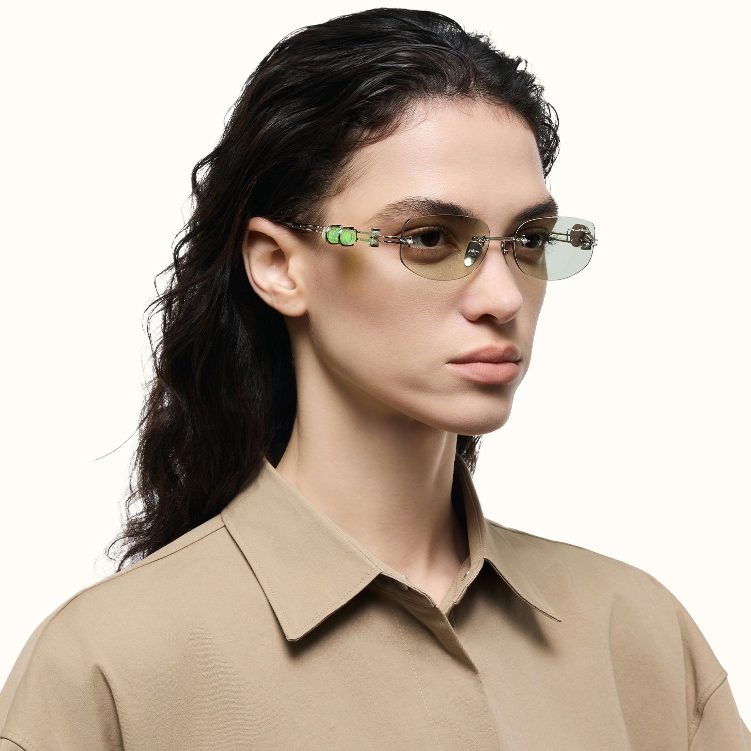 The Utilitarian - Rimless Yellow Tint Sunglasses by Vooglam - Side View On Model