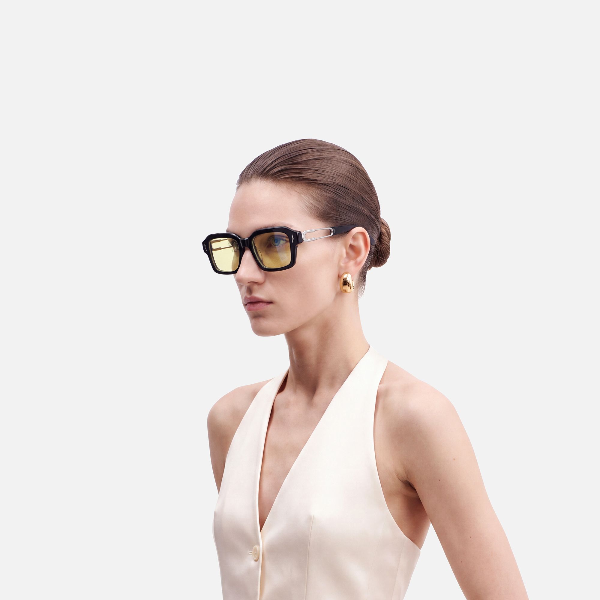 Blindspot - Acetate Yellow Tint Black Sunglasses by Vooglam - Side View On Model