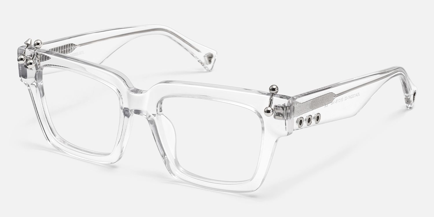PIERCE - Clear Silver Square Acetate Glasses by Vooglam - Front View