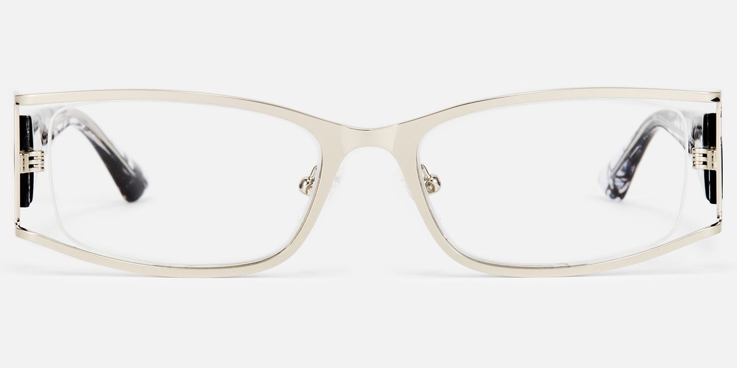 Elle - Silver Metal Narrow Rectangle Hollow Glasses by Vooglam - Angle View