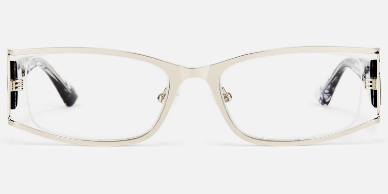 Elle - Silver Metal Narrow Rectangle Hollow Glasses by Vooglam
