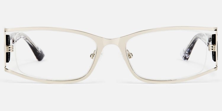 Elle - Silver Metal Narrow Rectangle Hollow Glasses by Vooglam