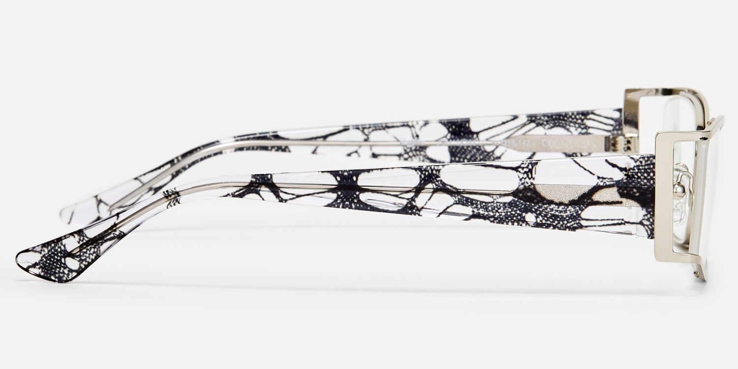 Elle - Silver Metal Narrow Rectangle Hollow Glasses by Vooglam - Side View