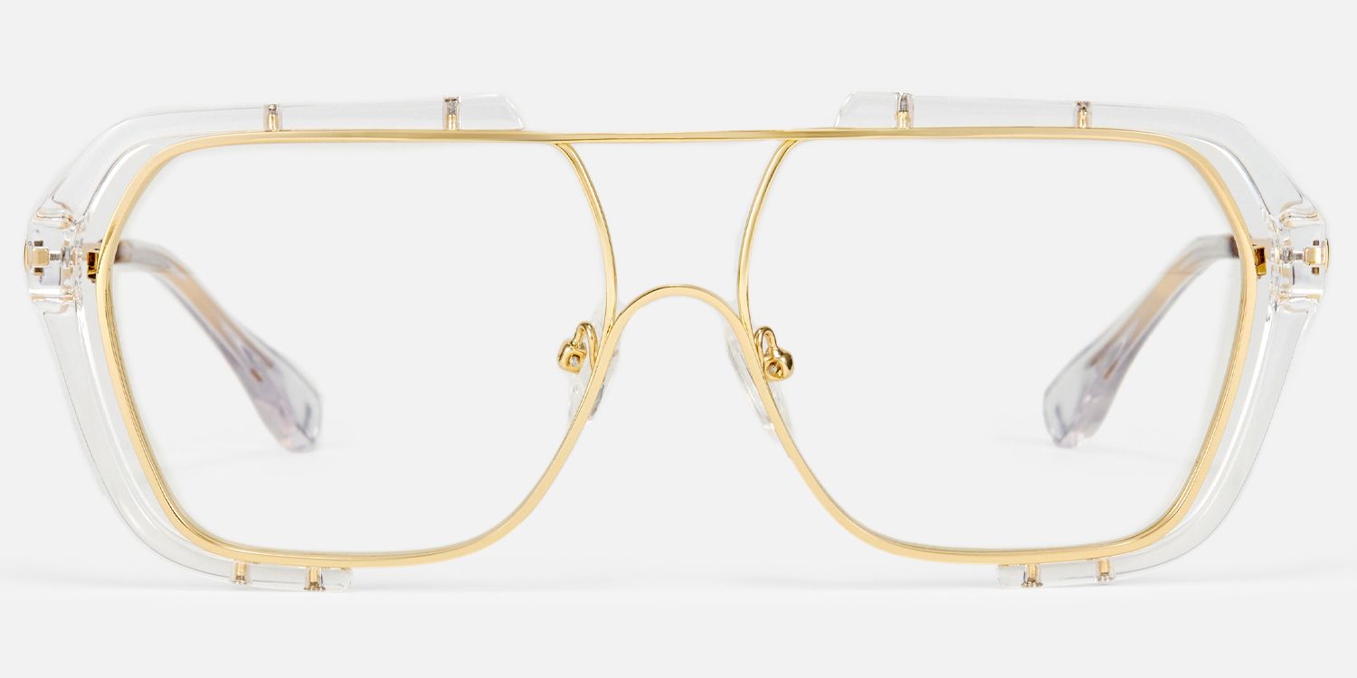 Porsha - Clear Gold Double Bridge Aviator Glasses by Vooglam - Angle View