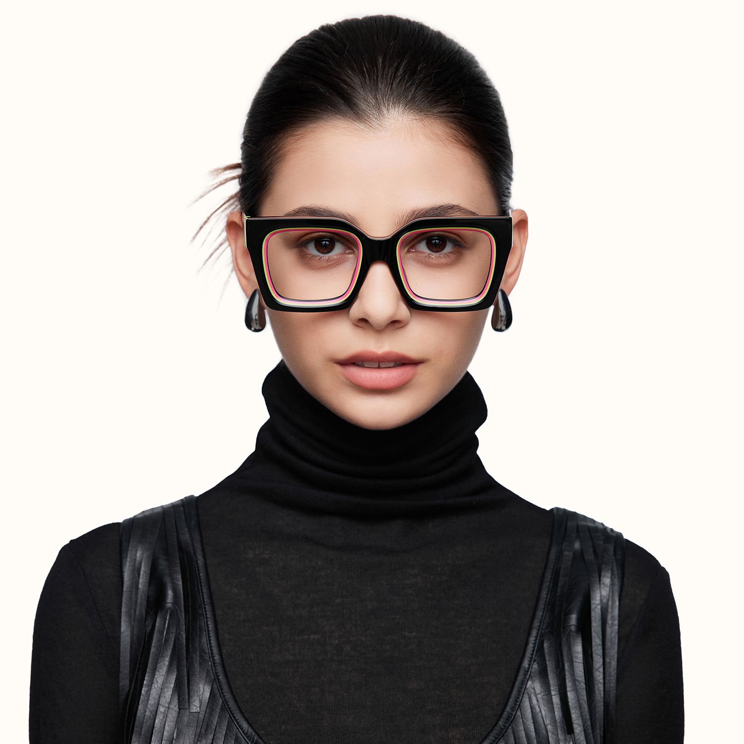 Trance - Square Black Eyeglasses by Vooglam - On Model