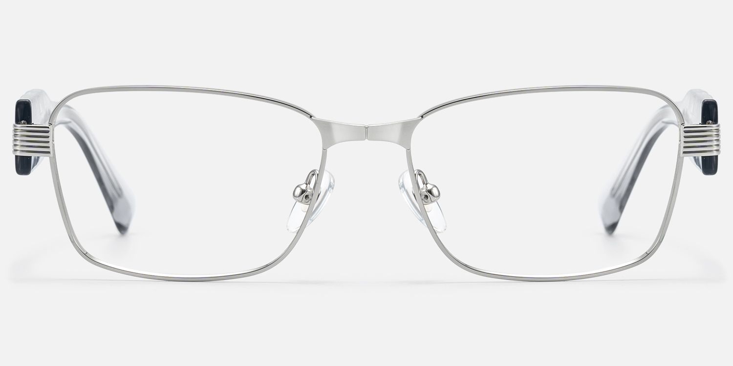 Toyo - Exposed Metal Pin Silver Rectangle Glasses by Vooglam - Angle View