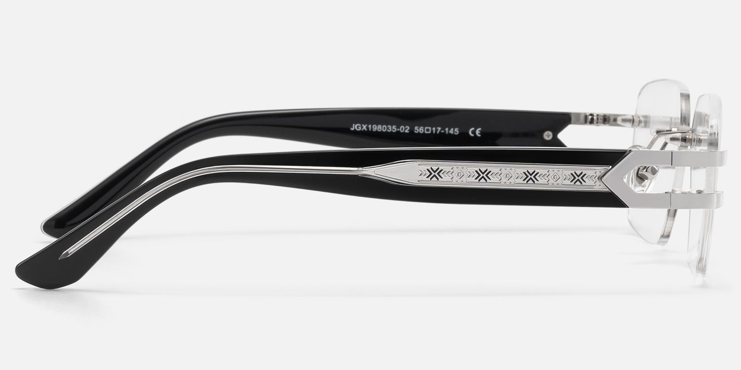 Aurum - Black Silver Rimless Rectangle Glasses by Vooglam - Side View