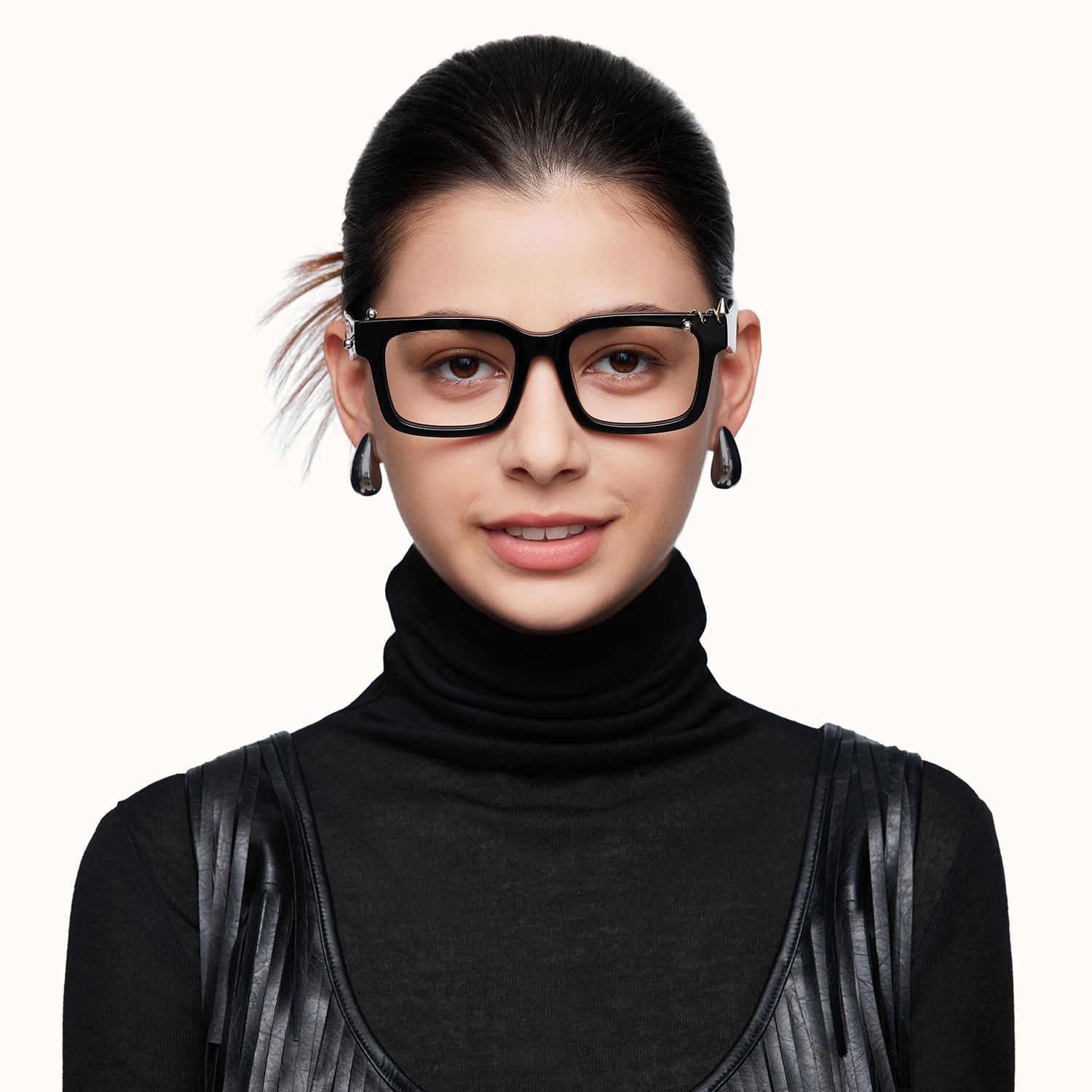 Spike - Pierced Thick Black Rectangle Glasses by Vooglam - On Model