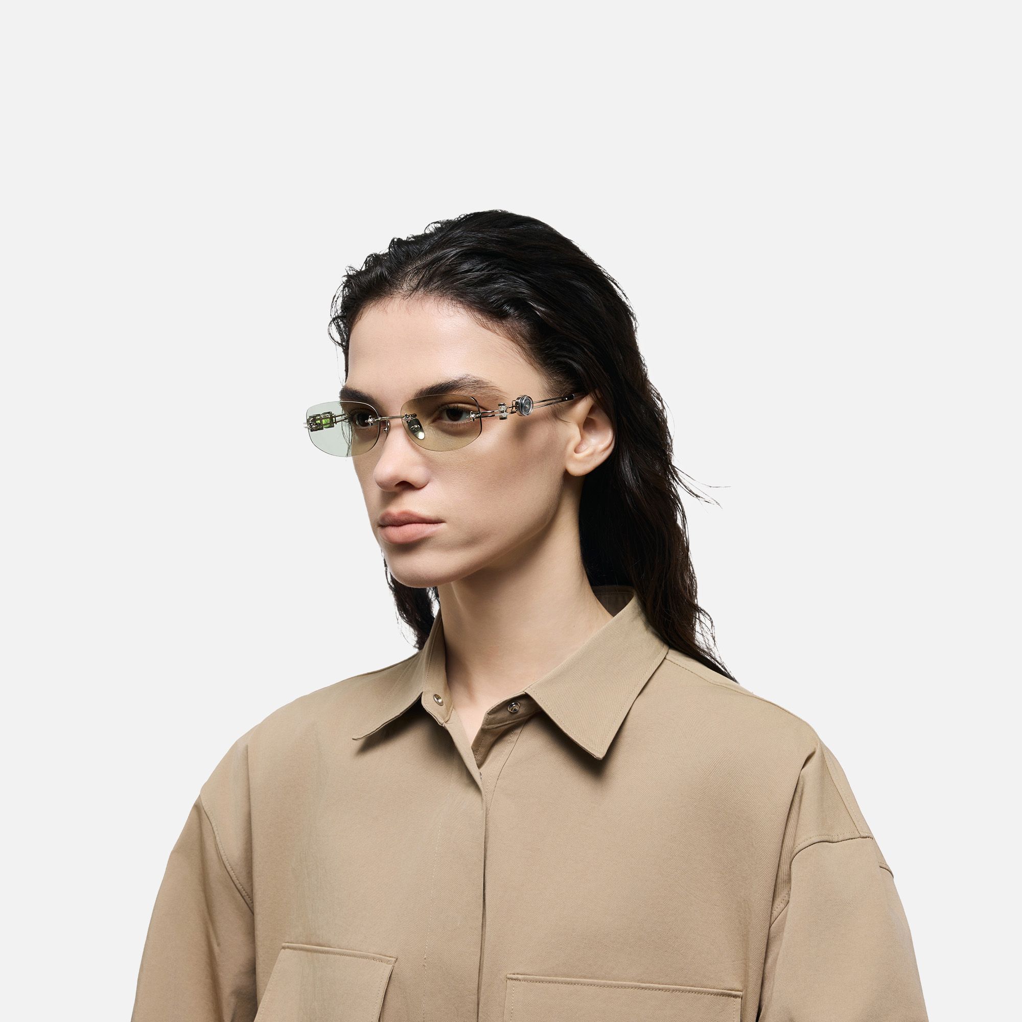 The Utilitarian - Asymmetric Green Tint Sunglasses by Vooglam - Side View On Model
