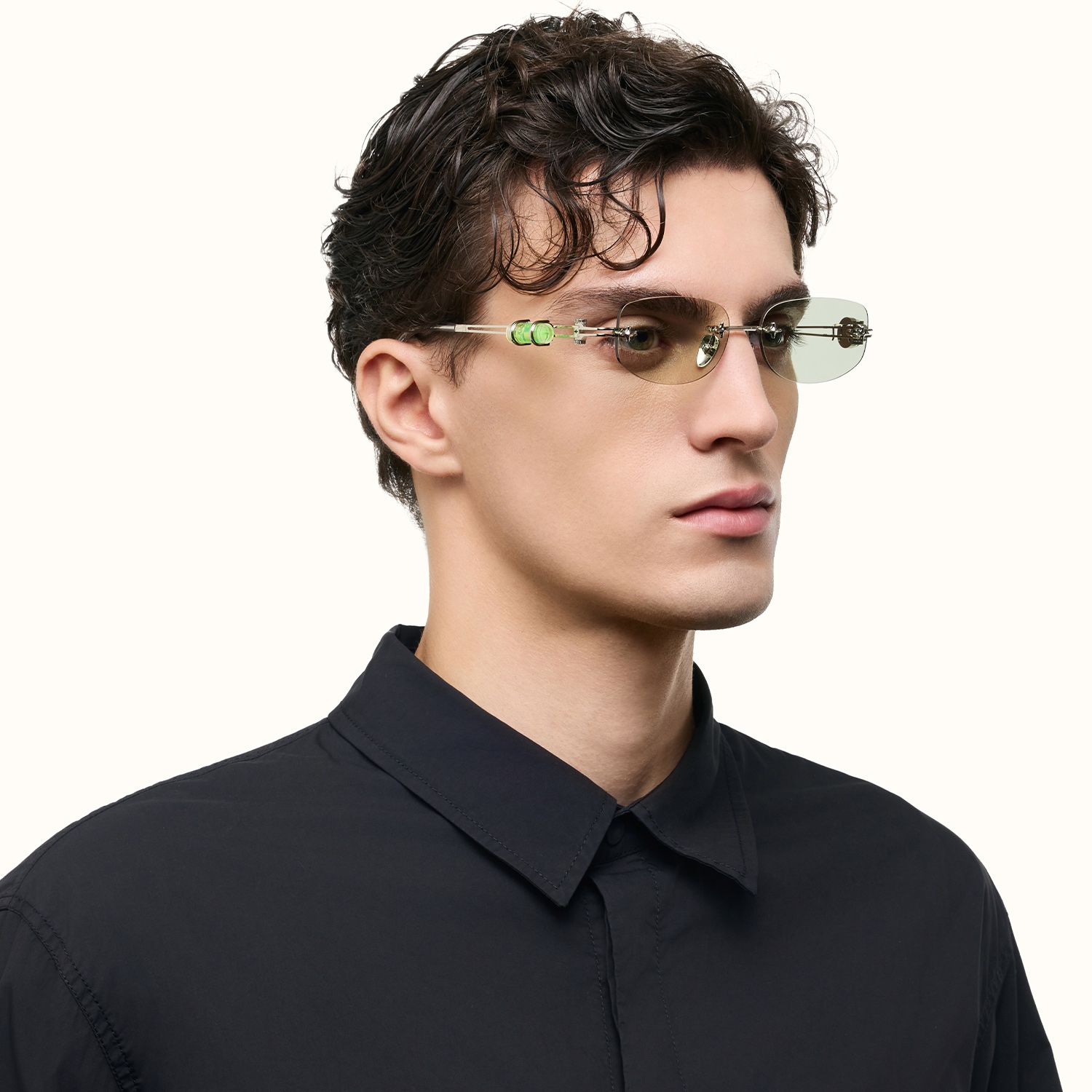 The Utilitarian - Rimless Yellow Tint Sunglasses by Vooglam - Model Side Profile