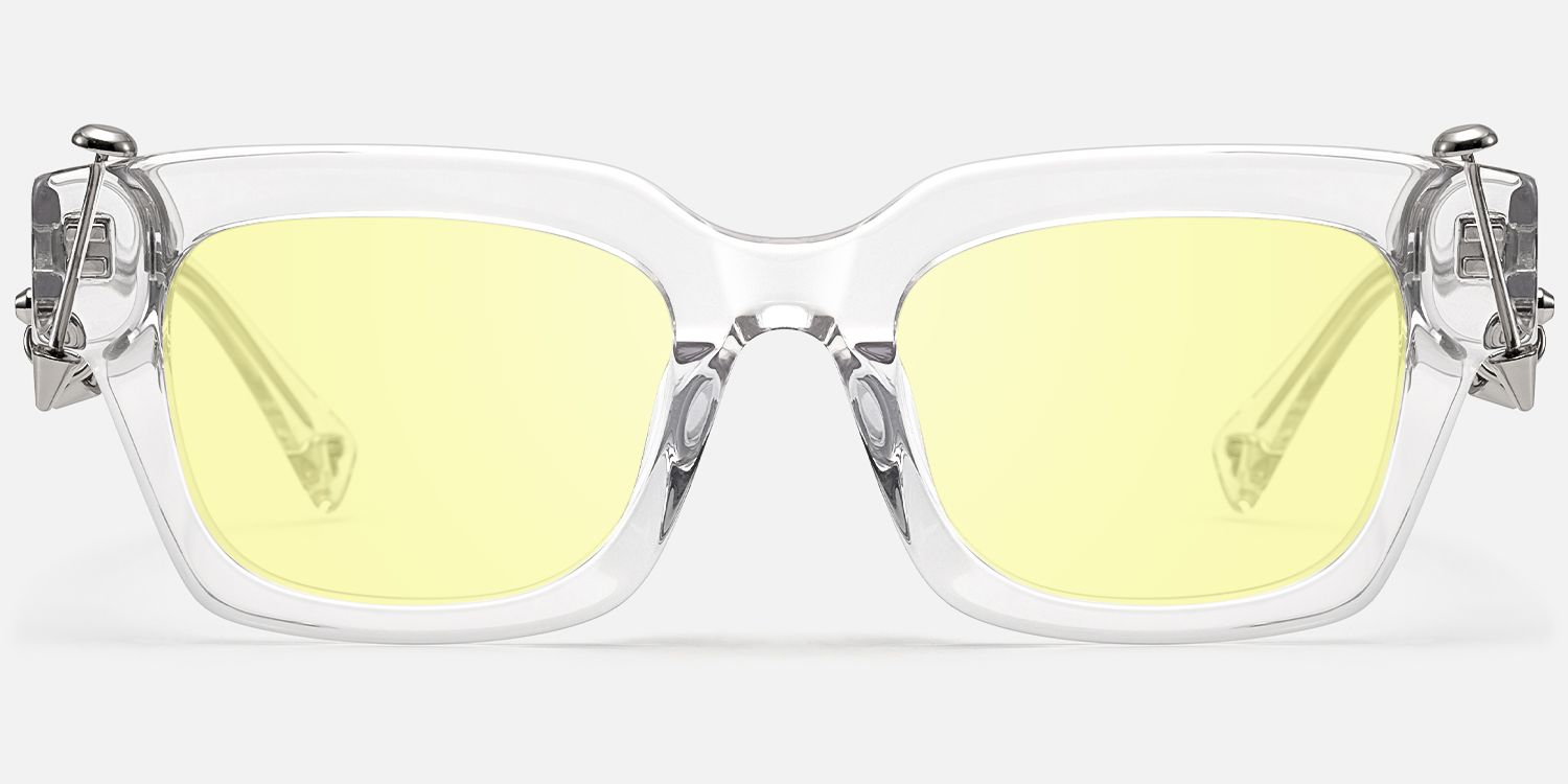 Sabrina - Clear Pierced Yellow Tint Sunglasses by Vooglam - Angle View