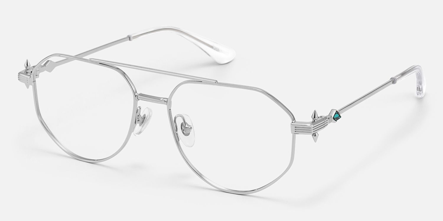 Aegis - Silver Thin Metal Aviator Glasses by Vooglam - Front View