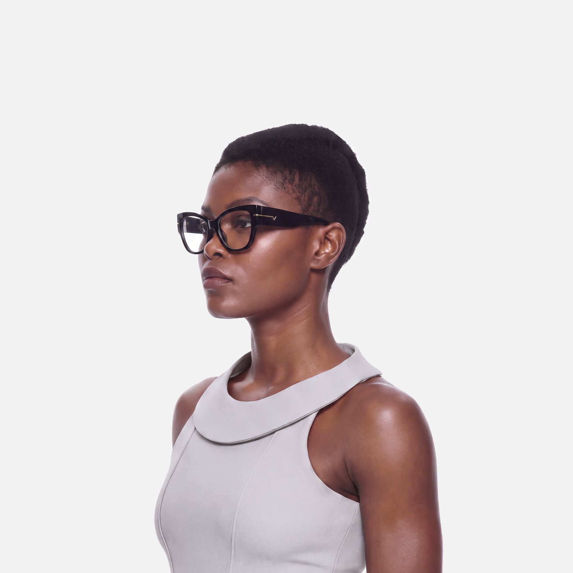 Elektra - Elegant Black & Gold Cat Eye Glasses by Vooglam - Side View On Model