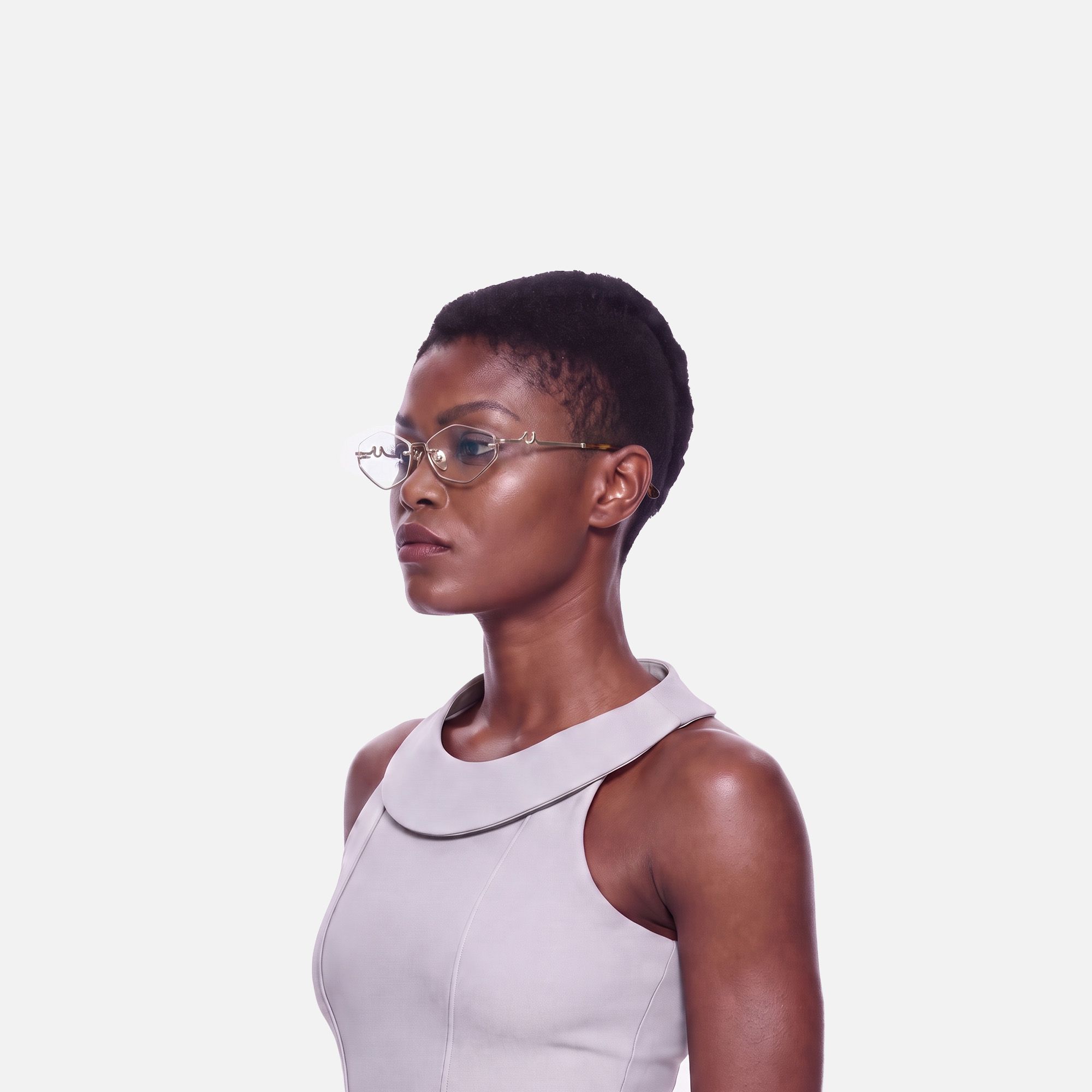 Niseko - Matte Brushed Gold Geometric Glasses by Vooglam - Side View On Model